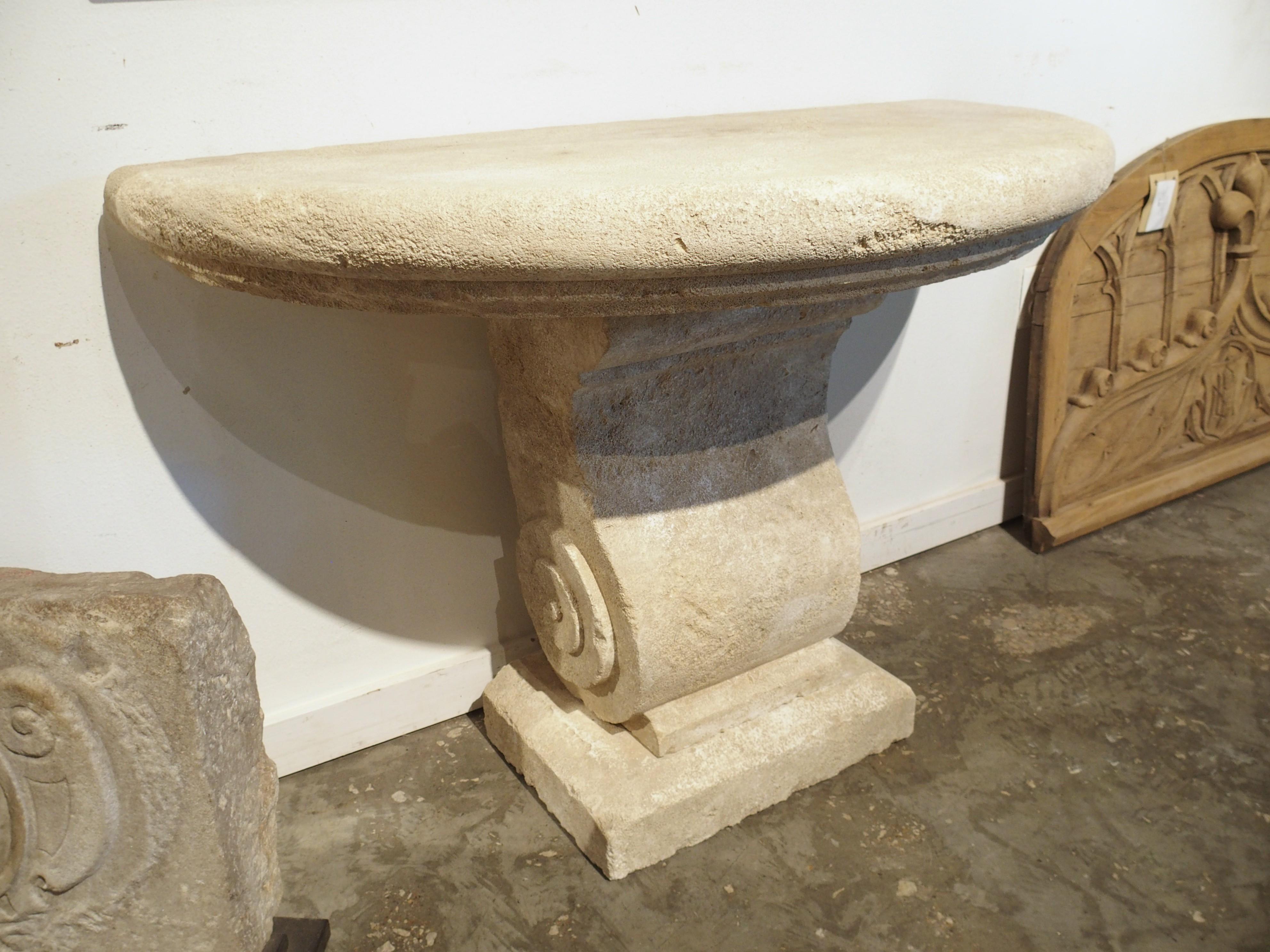 Carved Limestone Demi-Lune Console Table from the South of France For Sale 8