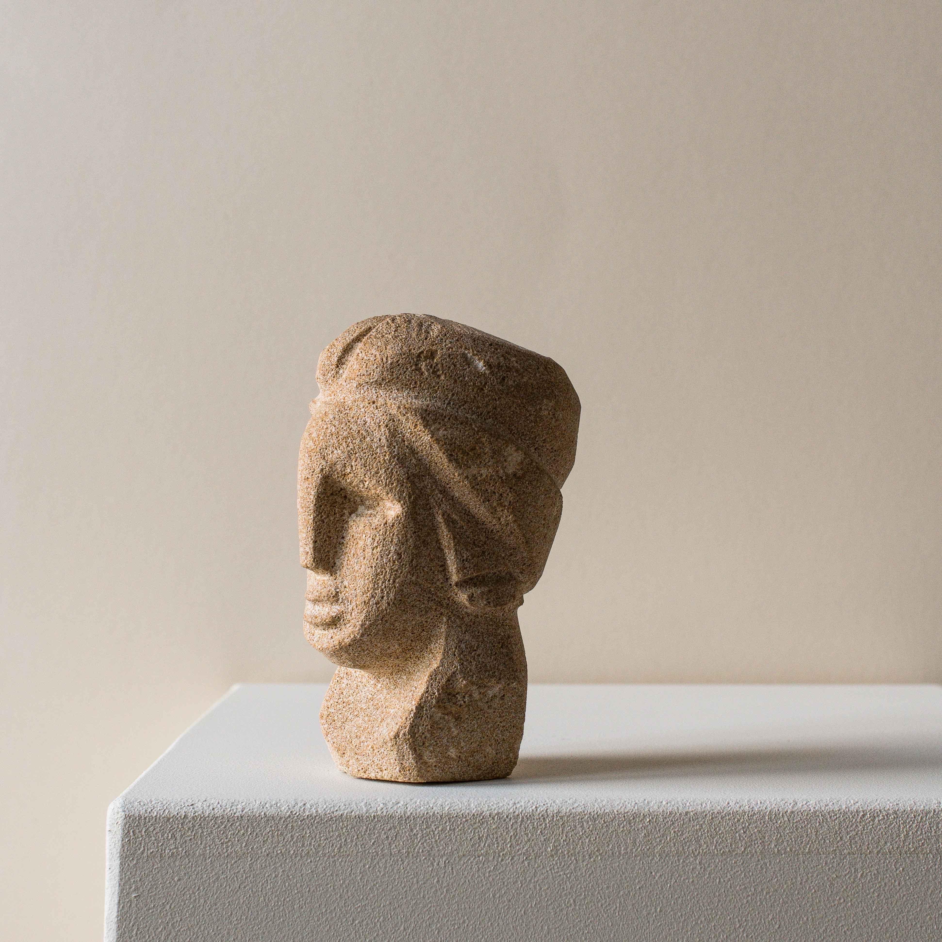 Primitive Carved Stone Head Sculpture french work 1970's For Sale