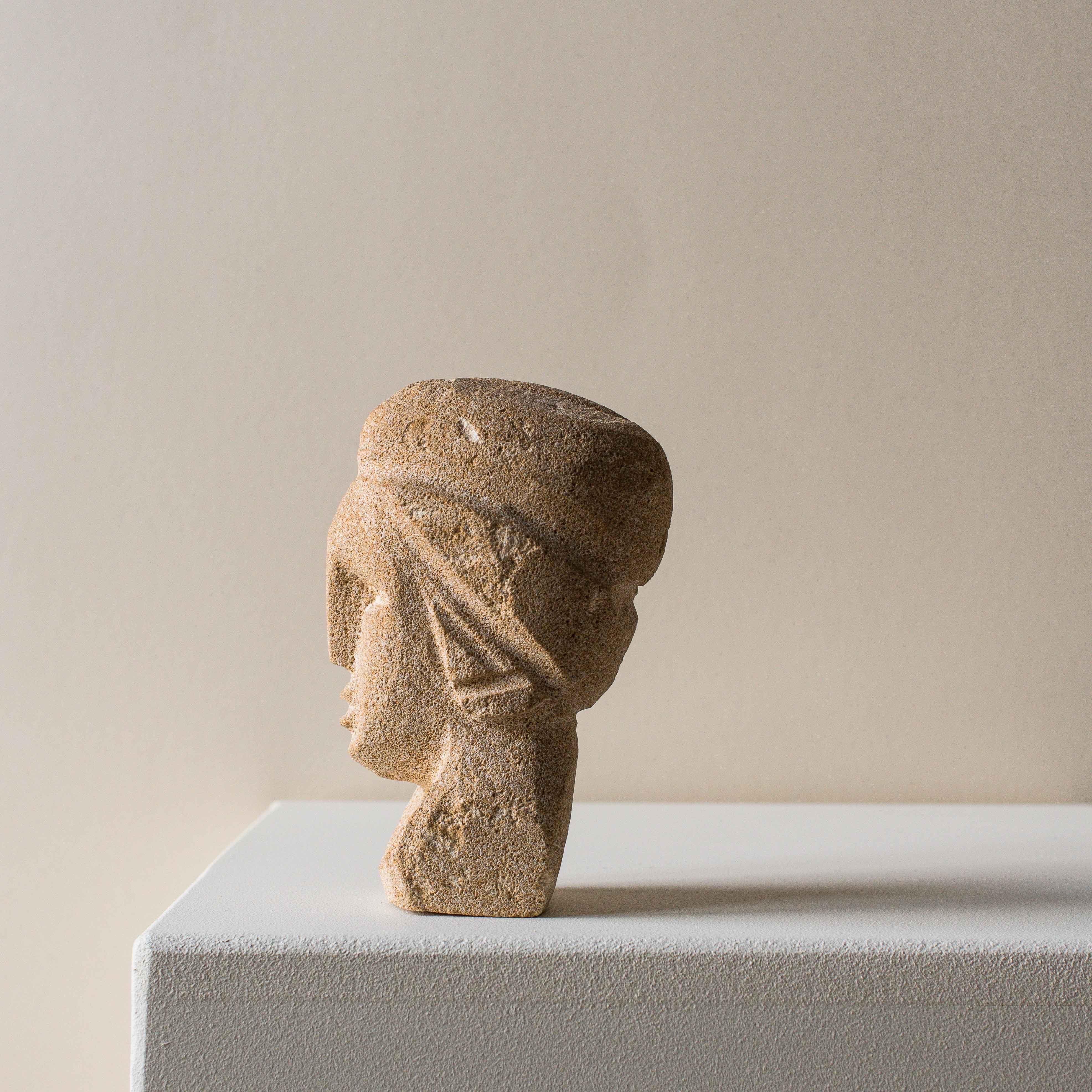 French Carved Stone Head Sculpture french work 1970's For Sale