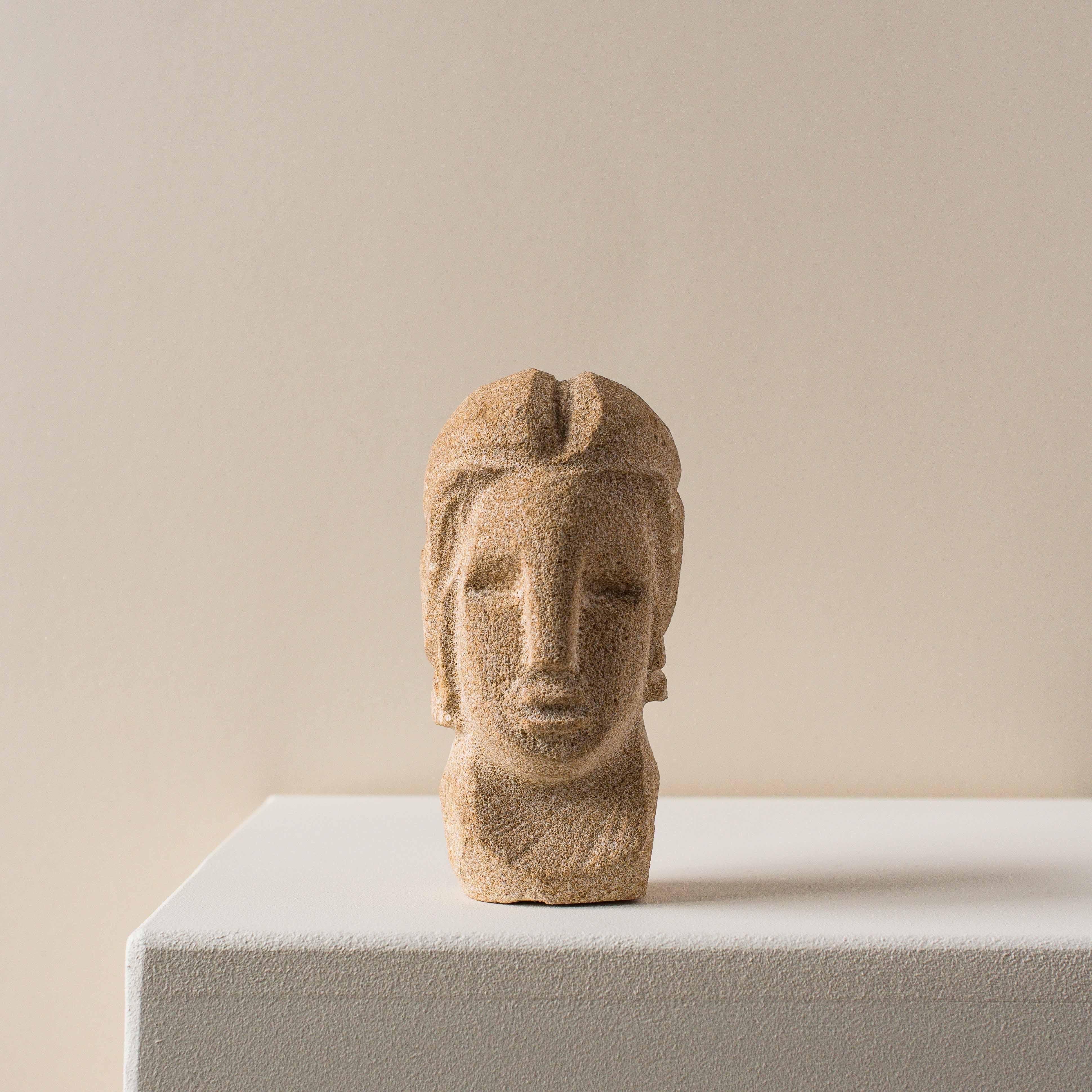 20th Century Carved Stone Head Sculpture french work 1970's For Sale