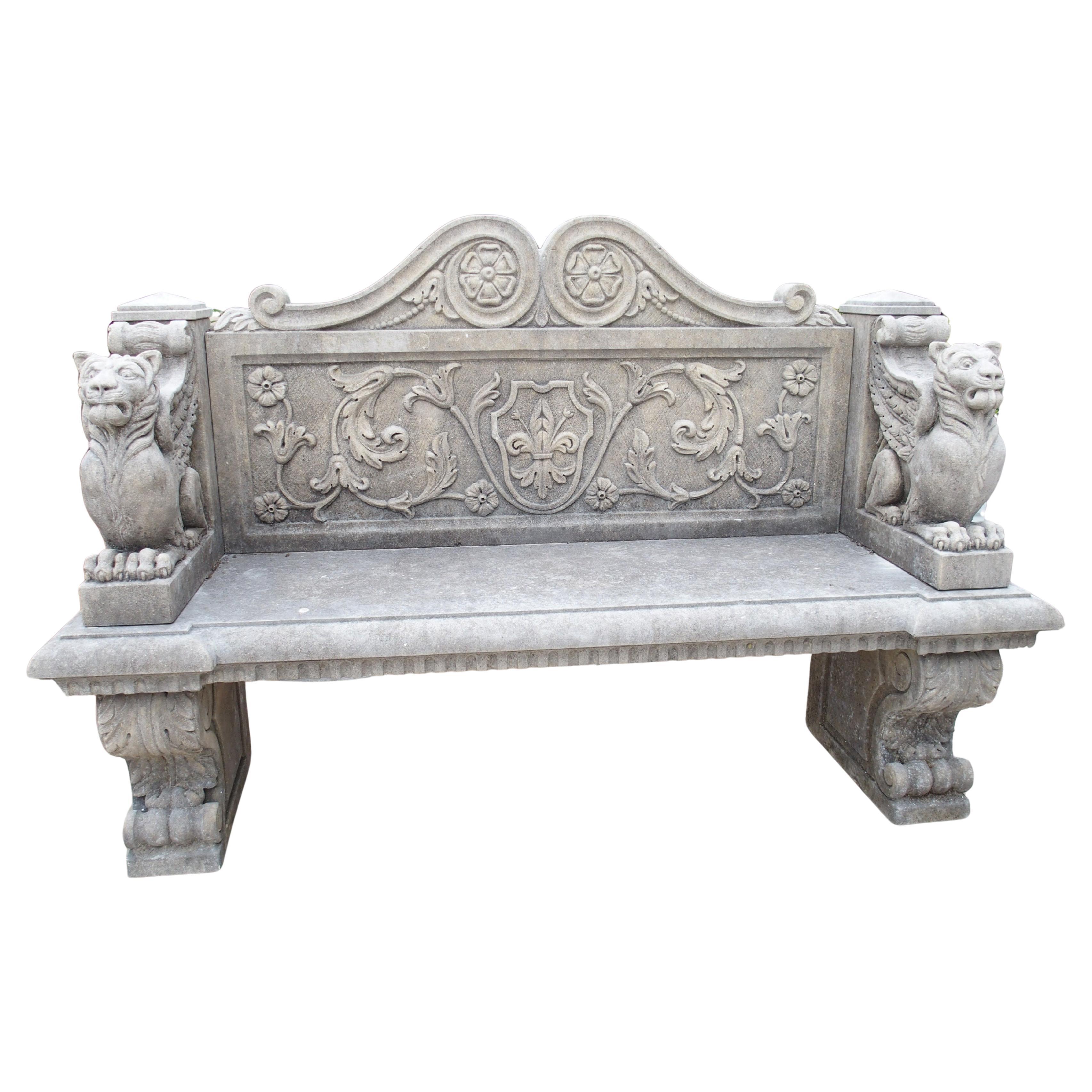 Carved Limestone Garden Bench with Fleur-de-Lis and Griffin of Florence, Italy