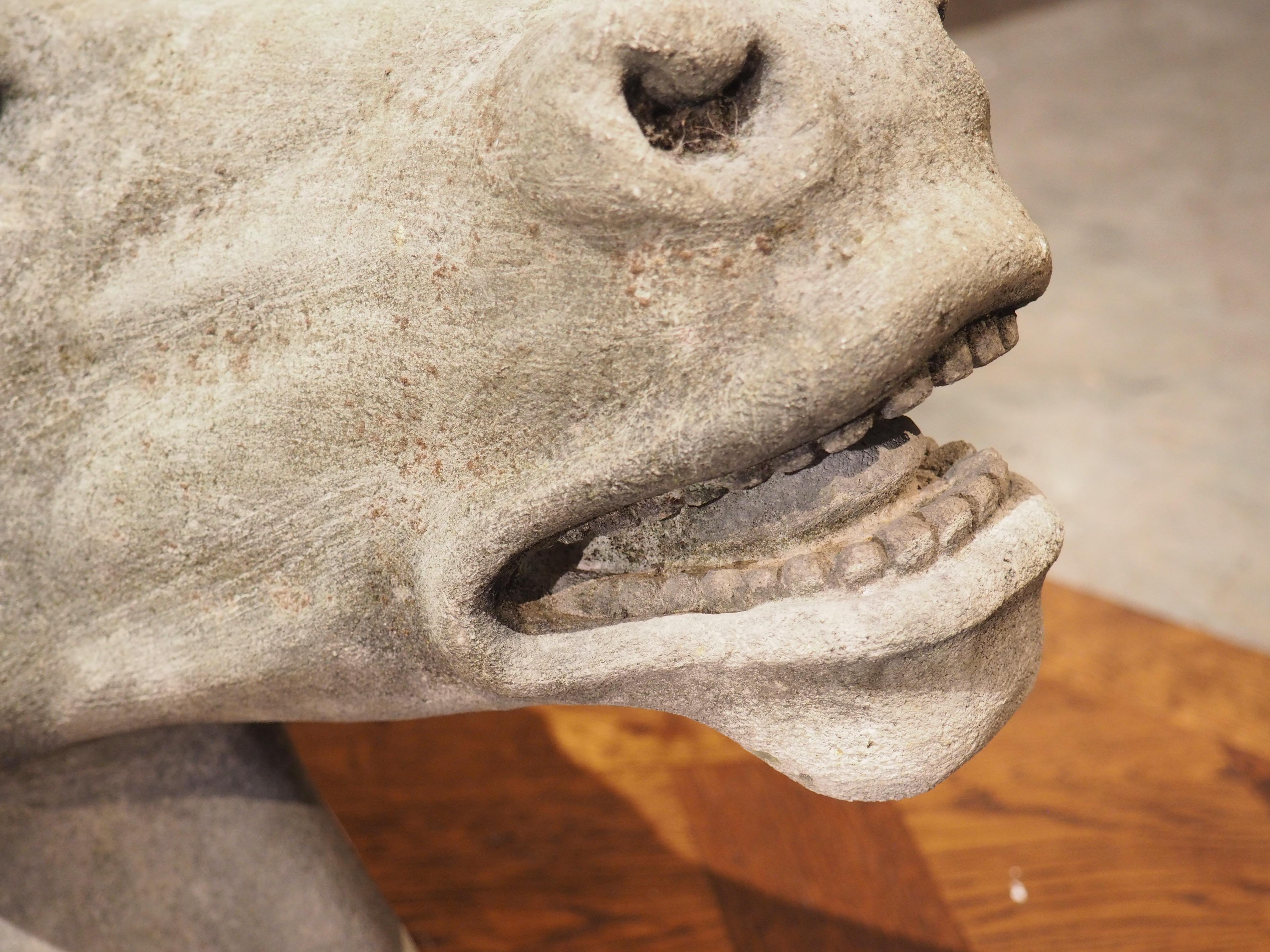 Dieser malerische Pferdekopf aus Kalkstein wurde von einem italienischen Steinmetz handgeschnitzt und hat hervorragende Proportionen. Die Kontur der Wange, die dichte Mähne und der leicht geöffnete Mund verleihen dem Kopf ein Gefühl von Realismus.