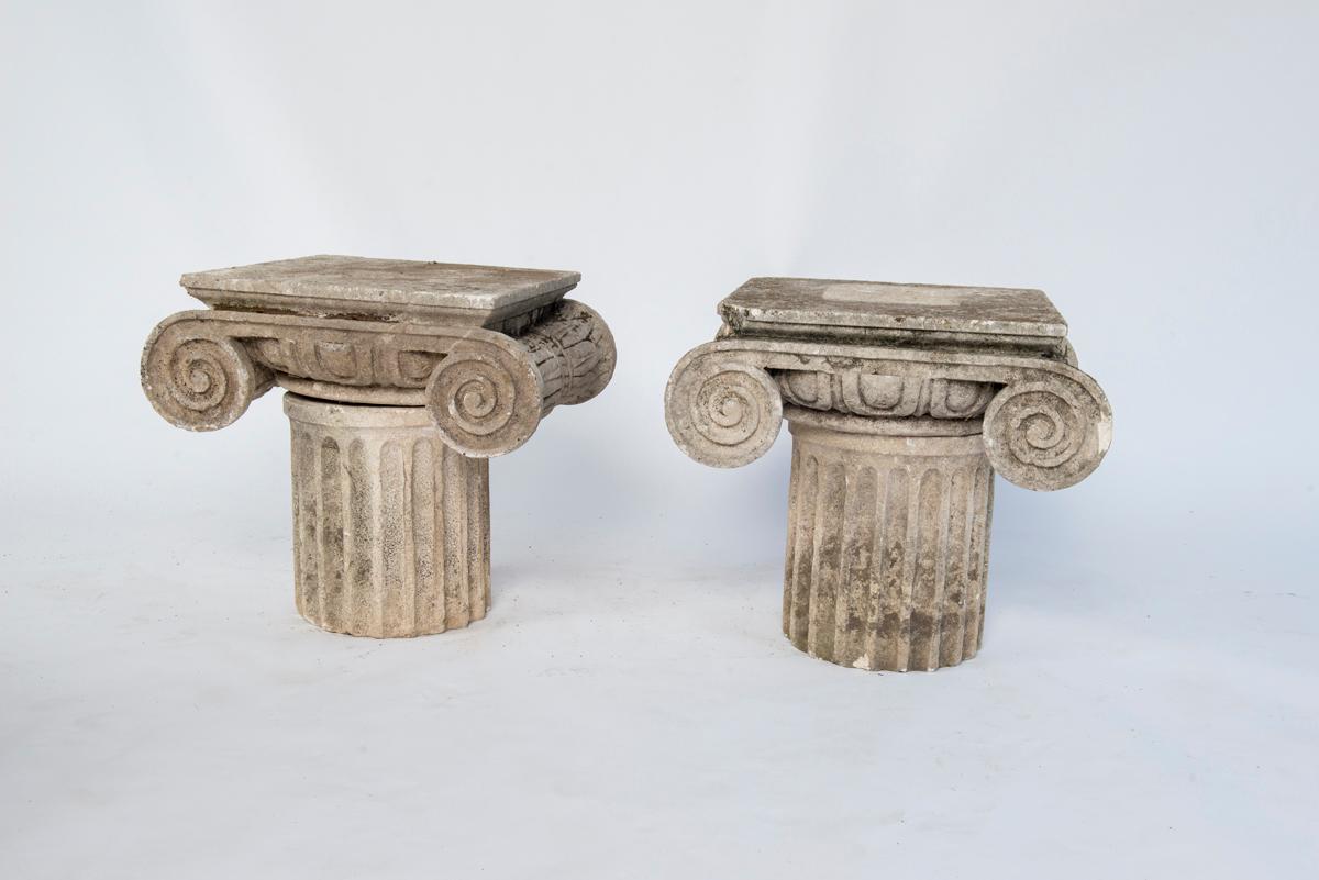 French Carved Limestone Ionic Side Tables