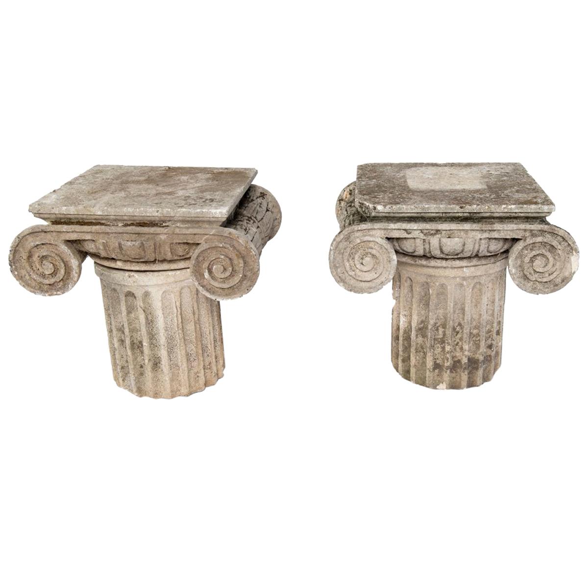 Carved Limestone Ionic Side Tables