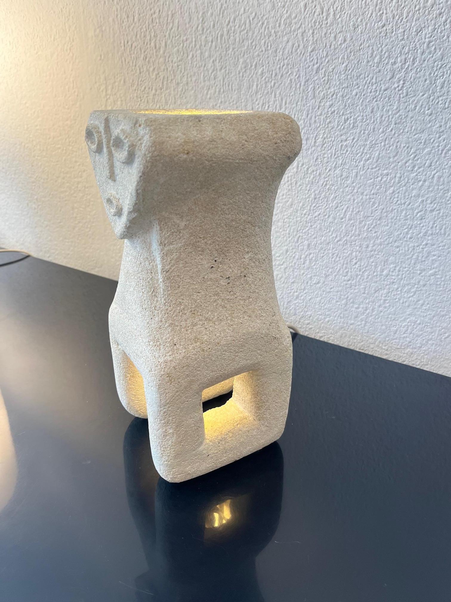 Hand-Carved Carved Limestone Table Lamp by Albert Tormos, France ca. 1970s For Sale