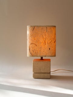 Carved Limestone Table Lamp, Natural Fibers Lampshade, French Riviera 1970s