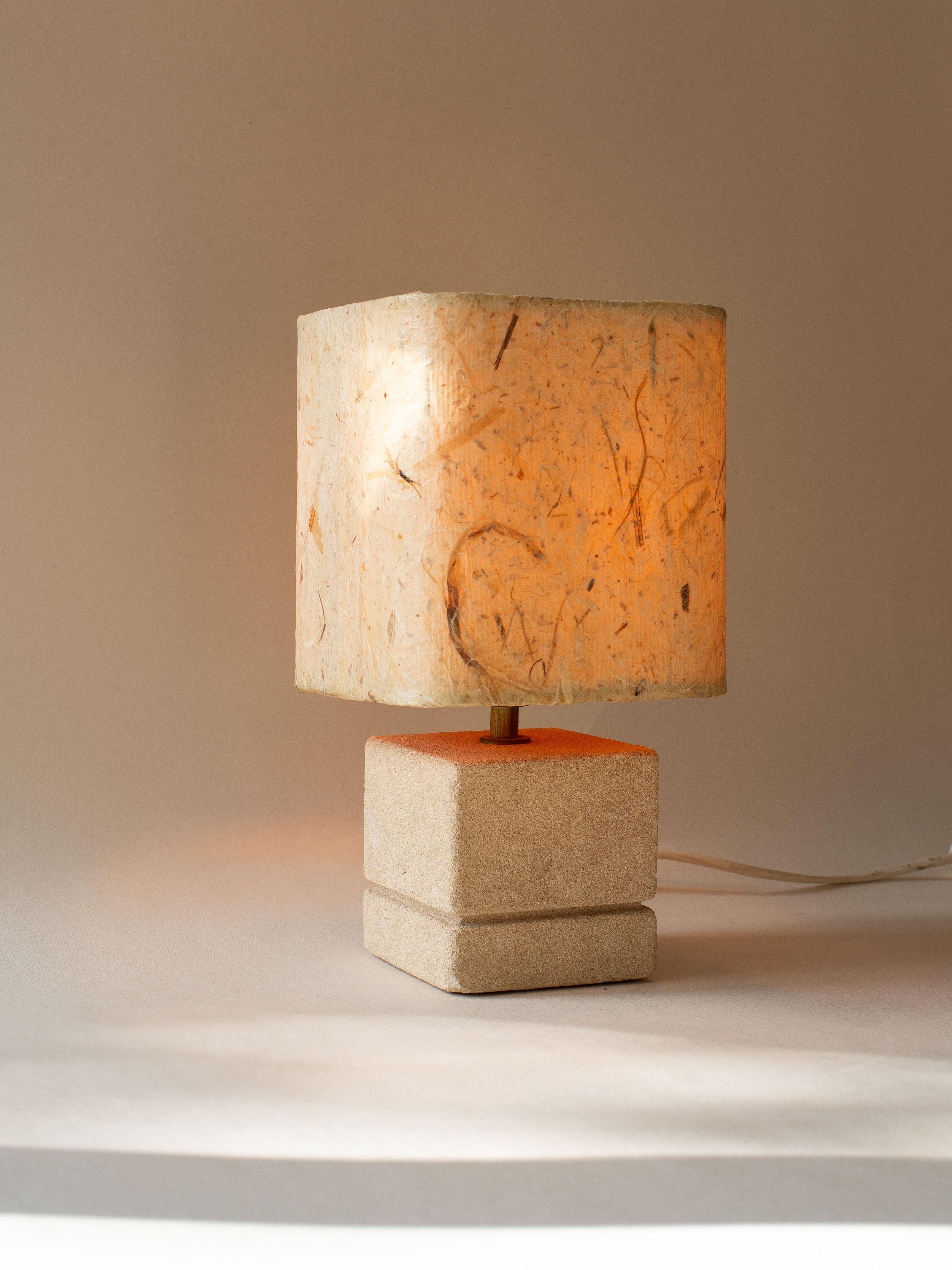 Hand-Carved Carved Limestone Table Lamp, Natural Fibers Lampshade, French Riviera 1970s For Sale