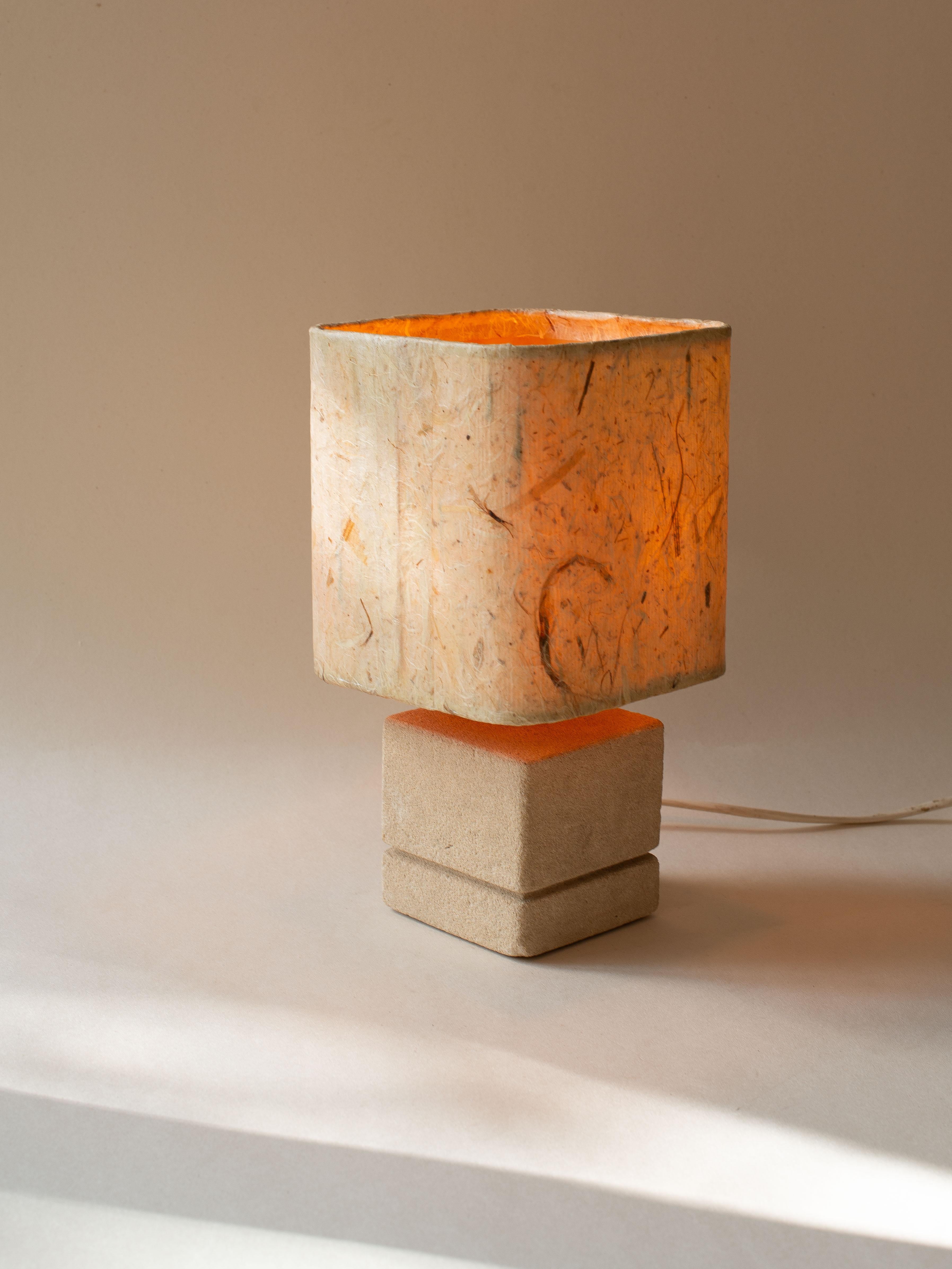 20th Century Carved Limestone Table Lamp, Natural Fibers Lampshade, French Riviera 1970s For Sale
