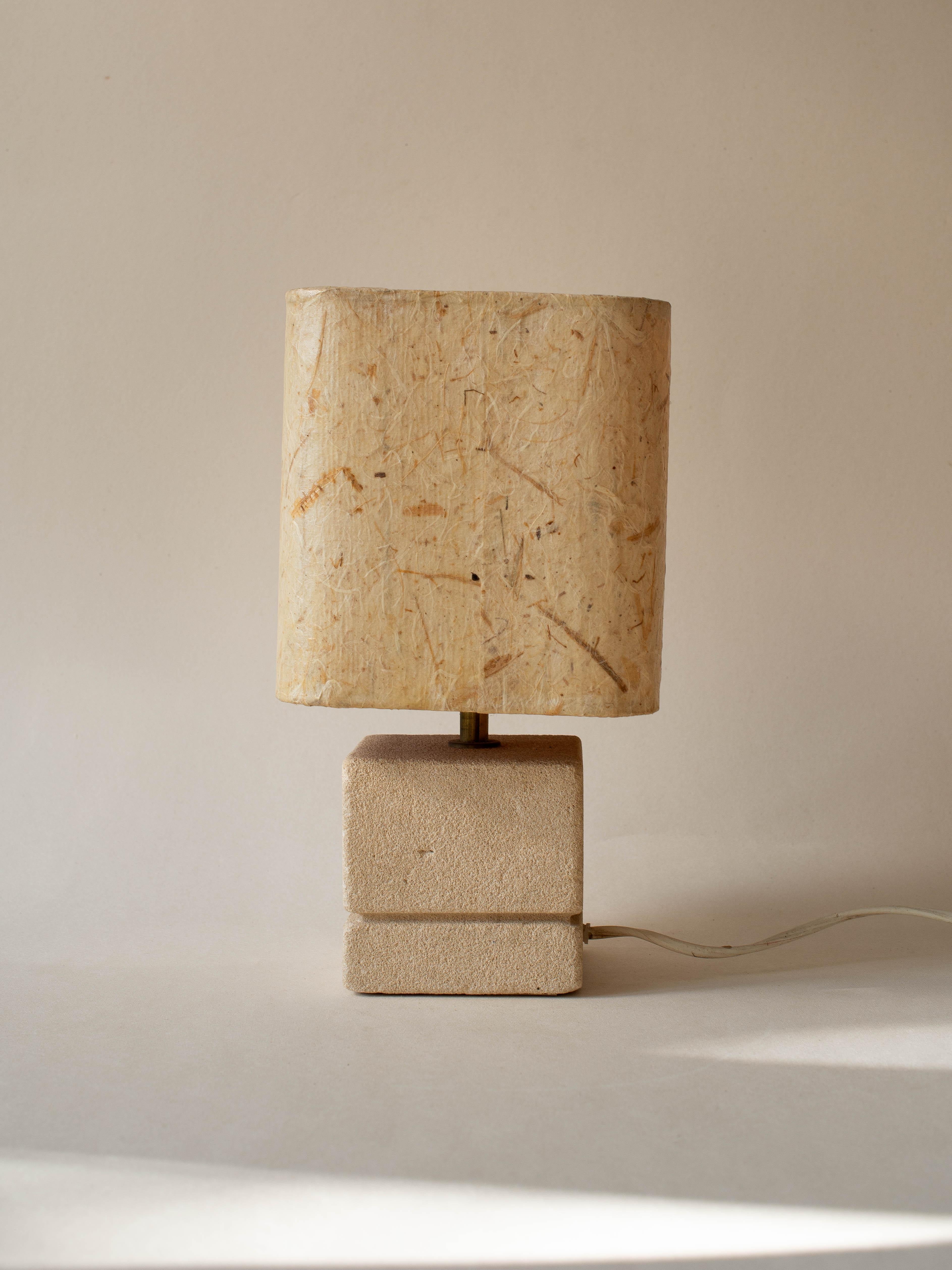 Stone Carved Limestone Table Lamp, Natural Fibers Lampshade, French Riviera 1970s For Sale