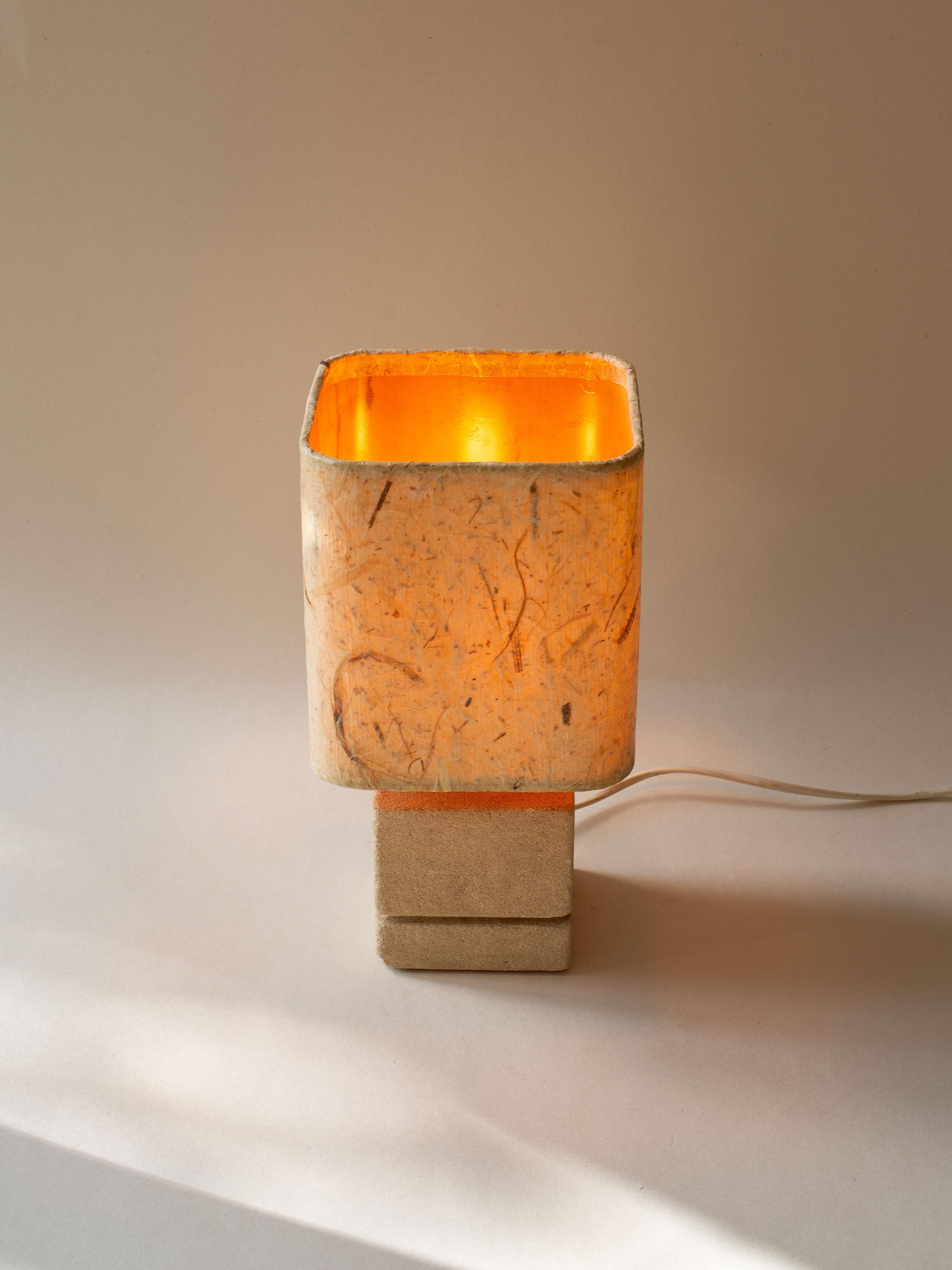 Carved Limestone Table Lamp, Natural Fibers Lampshade, French Riviera 1970s For Sale 1