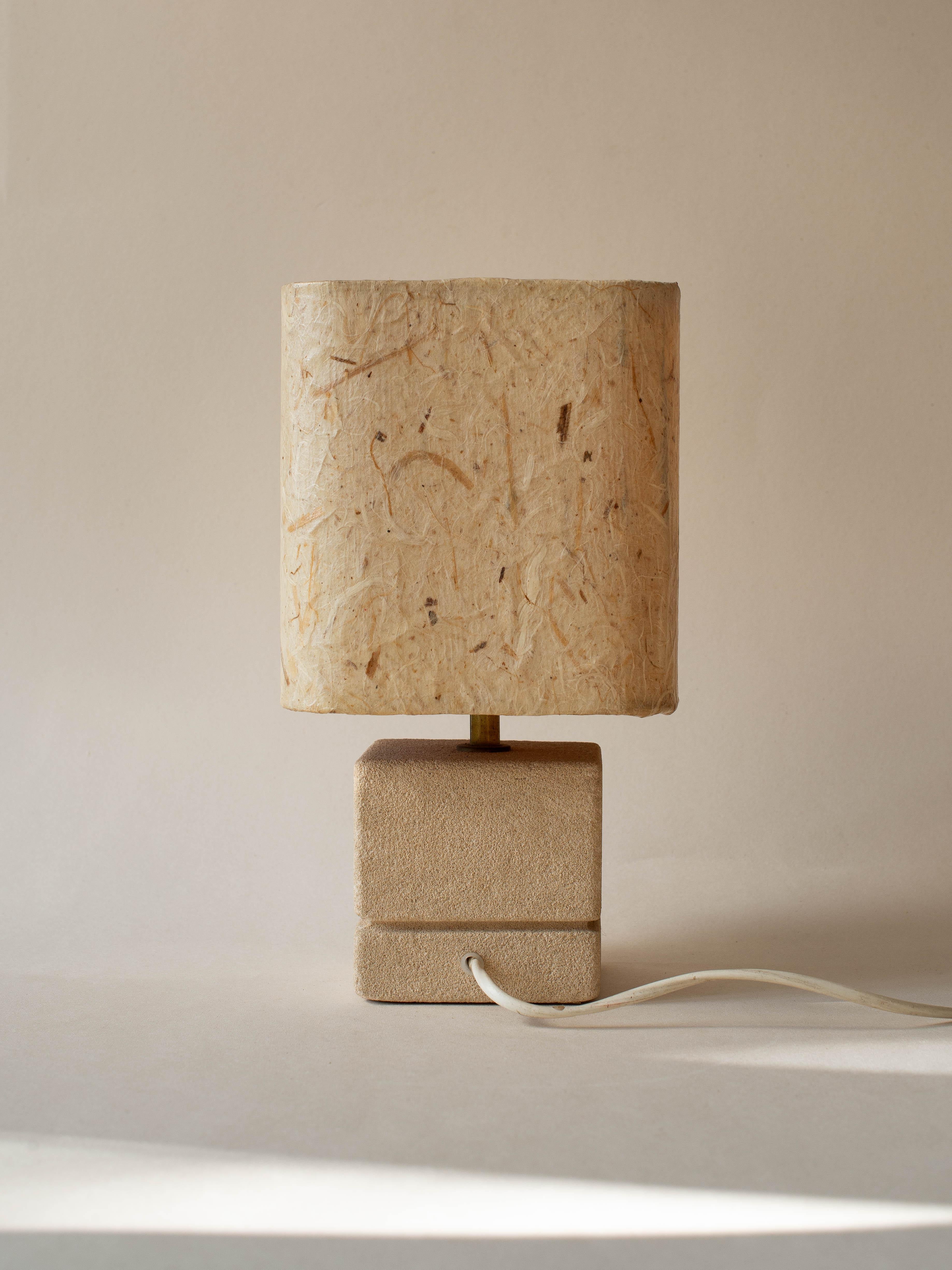 Carved Limestone Table Lamp, Natural Fibers Lampshade, French Riviera 1970s For Sale 2