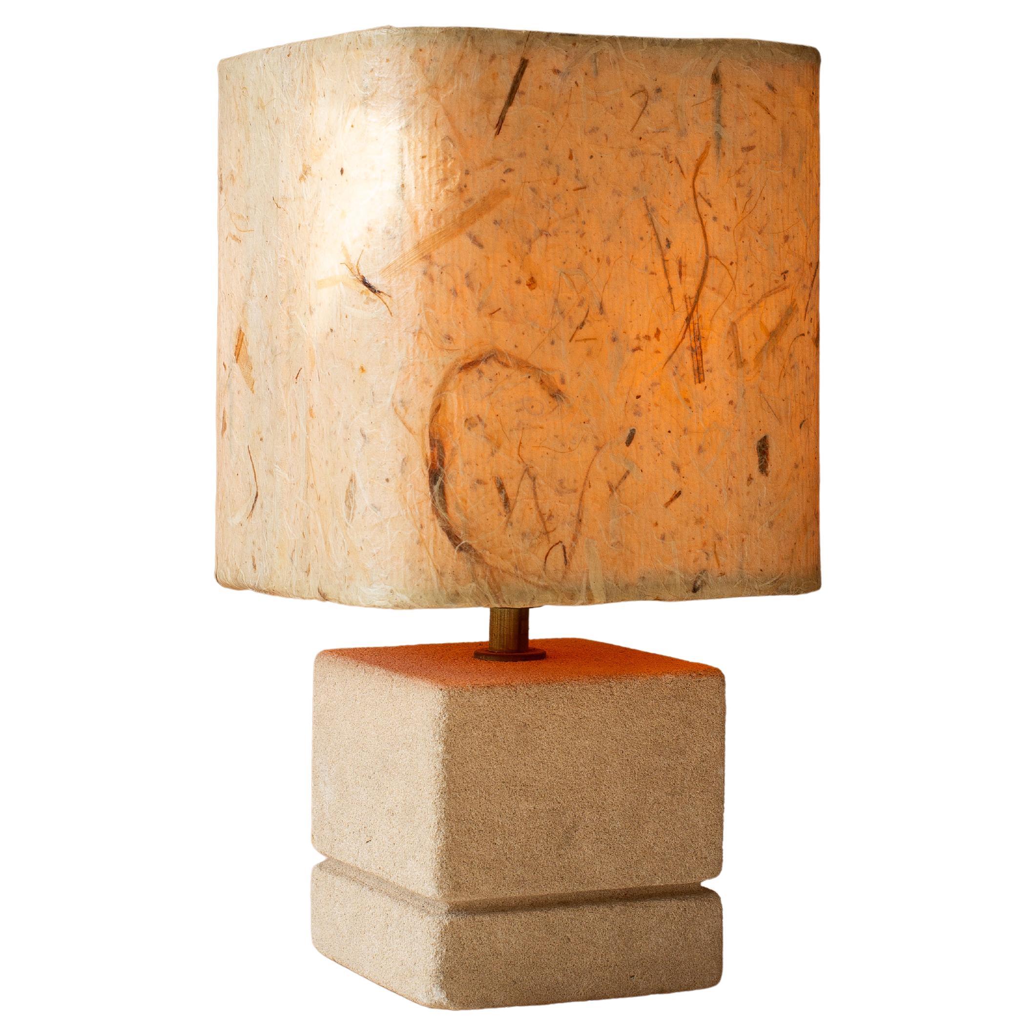Carved Limestone Table Lamp, Natural Fibers Lampshade, French Riviera 1970s For Sale