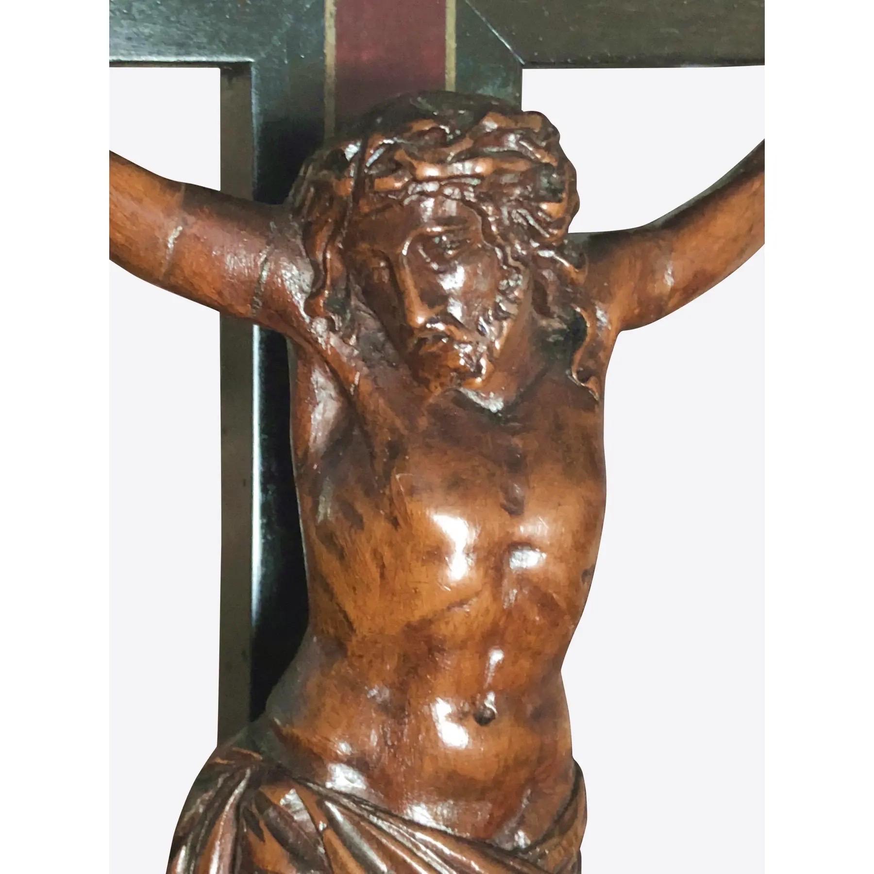 Hand-Carved Carved Limewood & Ebony Jesus on Cross Sculpture For Sale