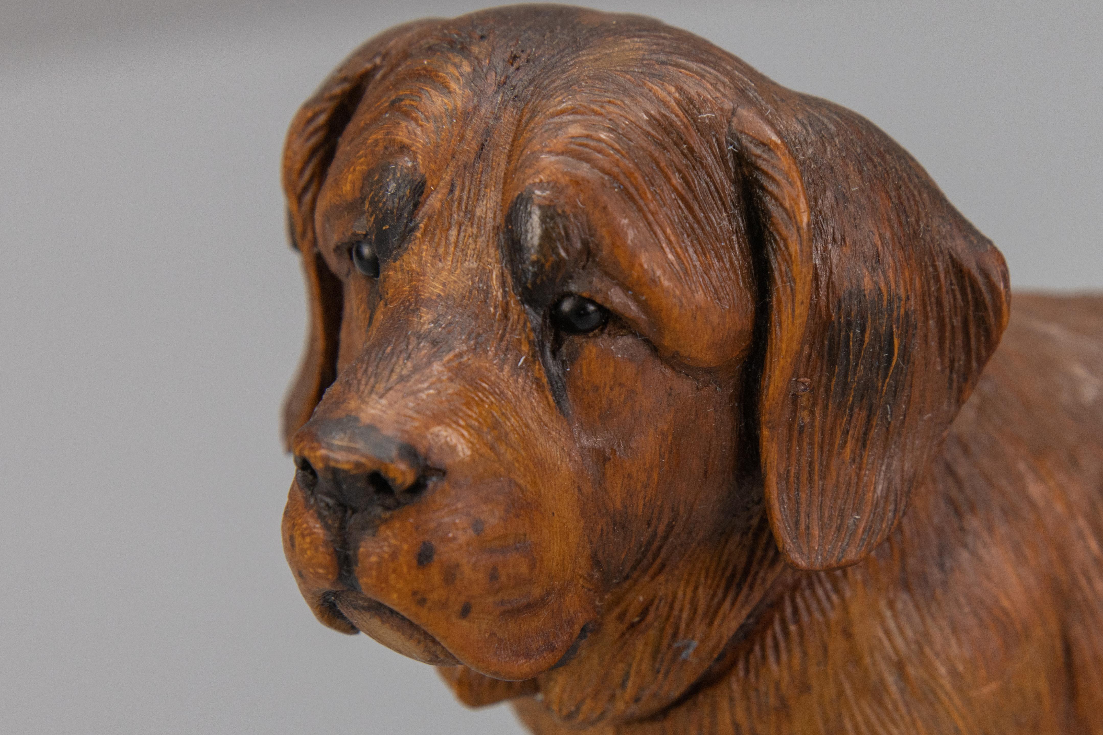 Black Forest Carved Linden Wood Sculpture of a St. Bernard Dog