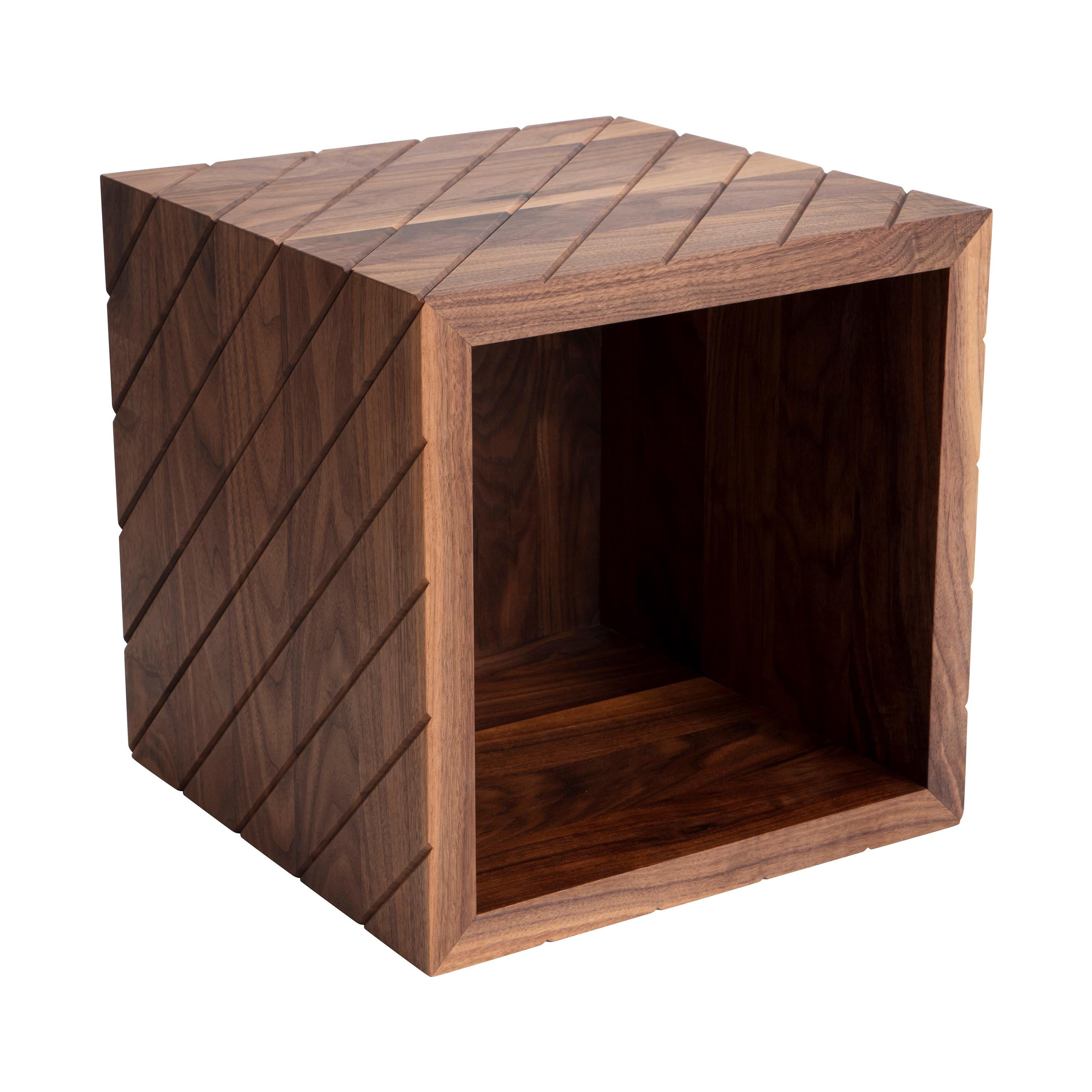 Carved Lines Wooden Cube, Walnut Diagonals For Sale