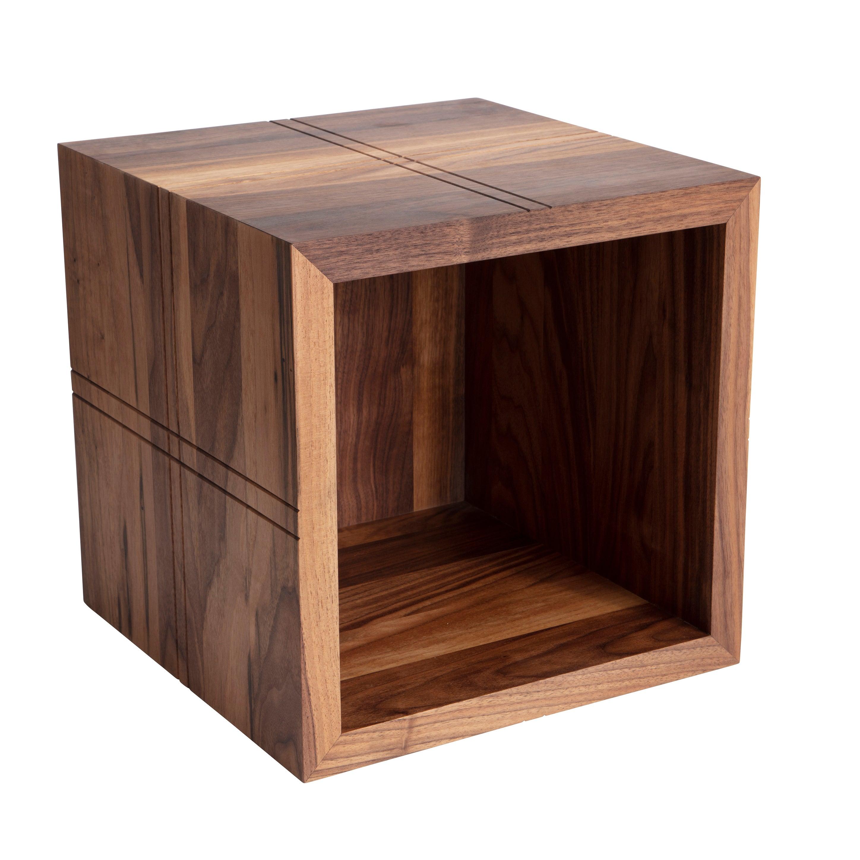 Carved Lines Wooden Cube, Walnut Quad Plaid