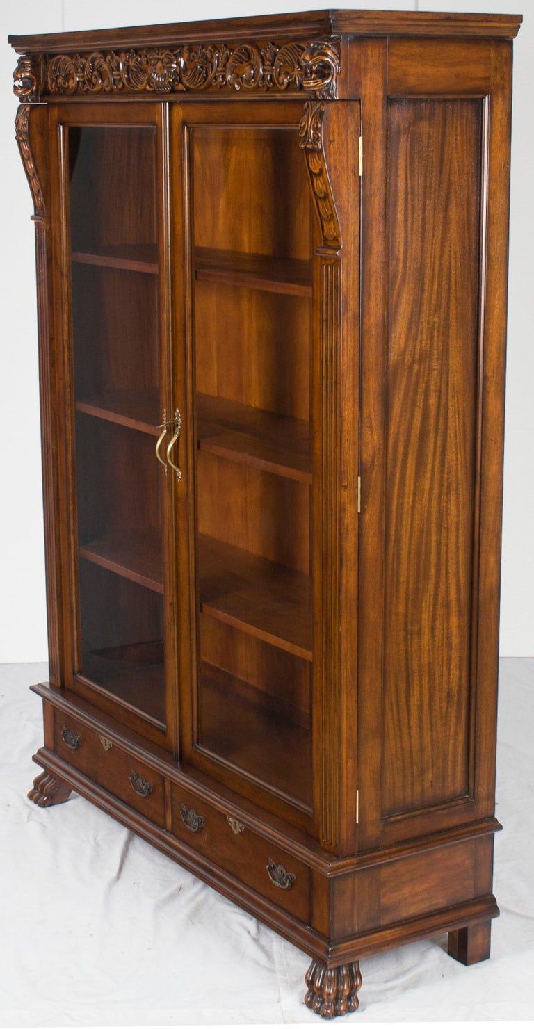 Carved Lion Head Mahogany Locking Glass Door Bookcase Bookshelf at 1stDibs
