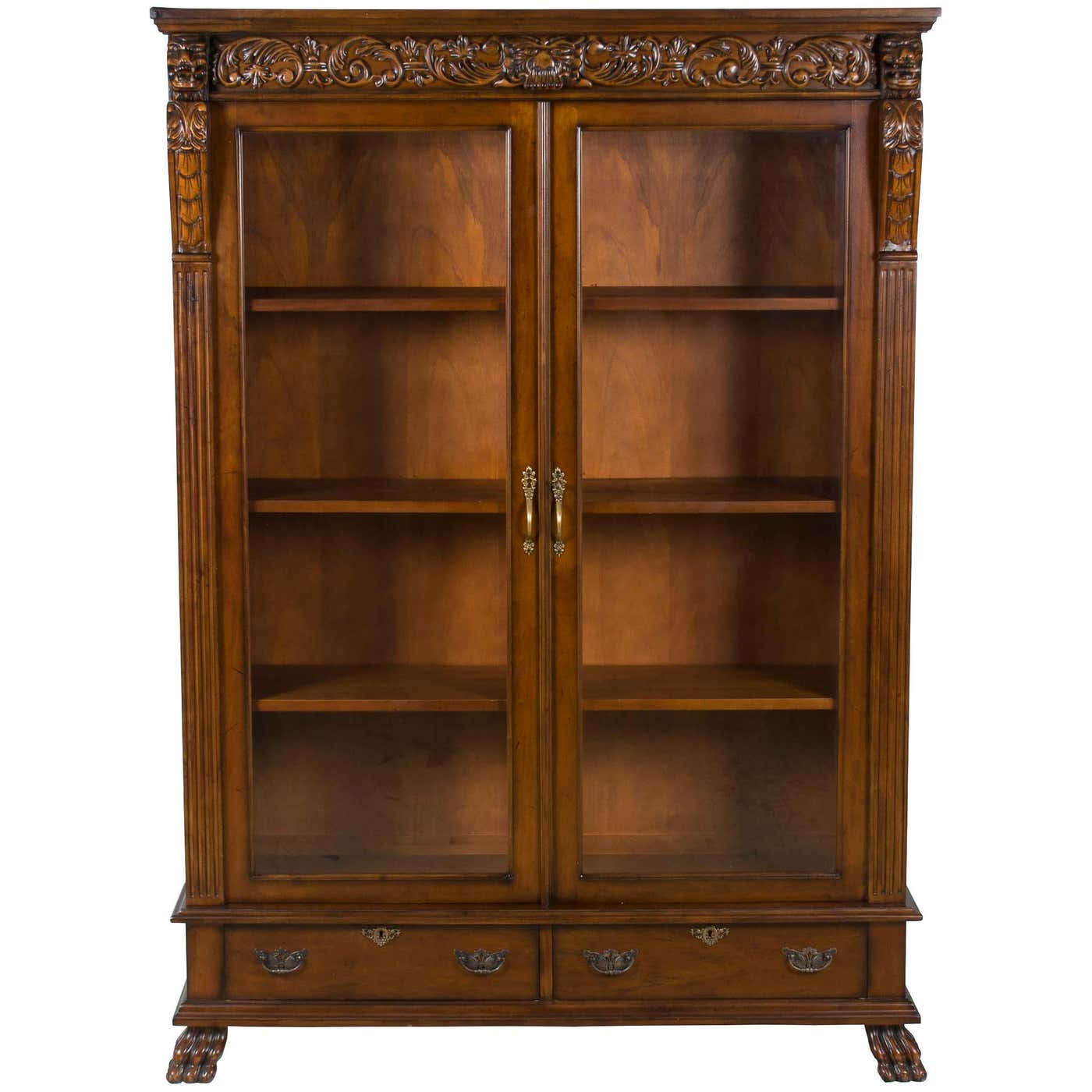 Carved Lion Head Mahogany Locking Glass Door Bookcase Bookshelf at ...