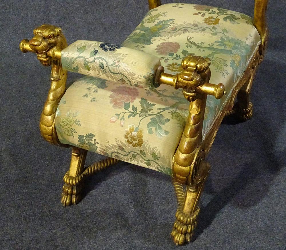 Regency Revival Carved Lion Head Paw Footed Gilded English Regency Foot Stool Vanity Bench