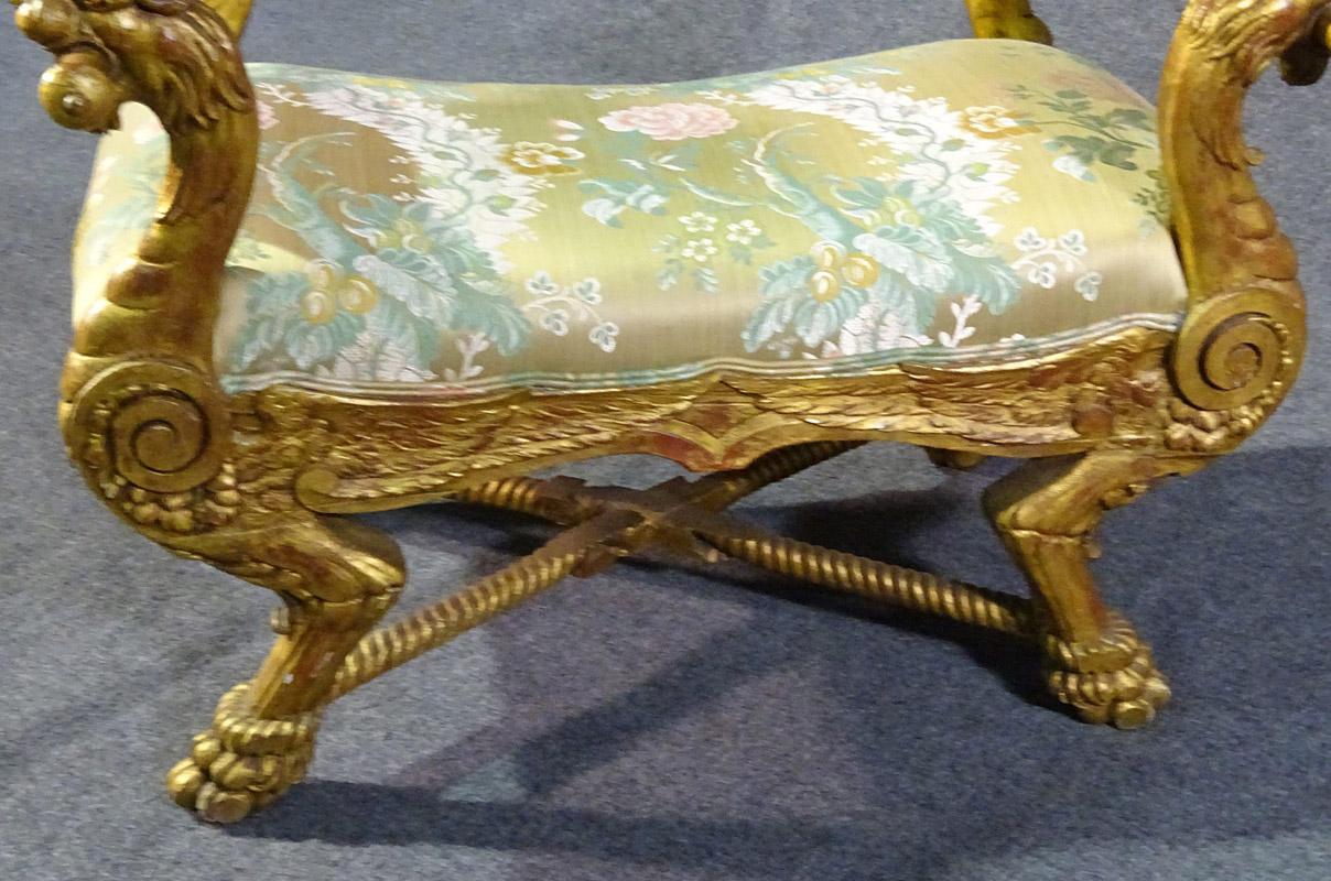 Beech Carved Lion Head Paw Footed Gilded English Regency Foot Stool Vanity Bench