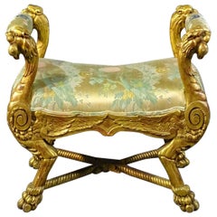 Antique Carved Lion Head Paw Footed Gilded English Regency Foot Stool Vanity Bench