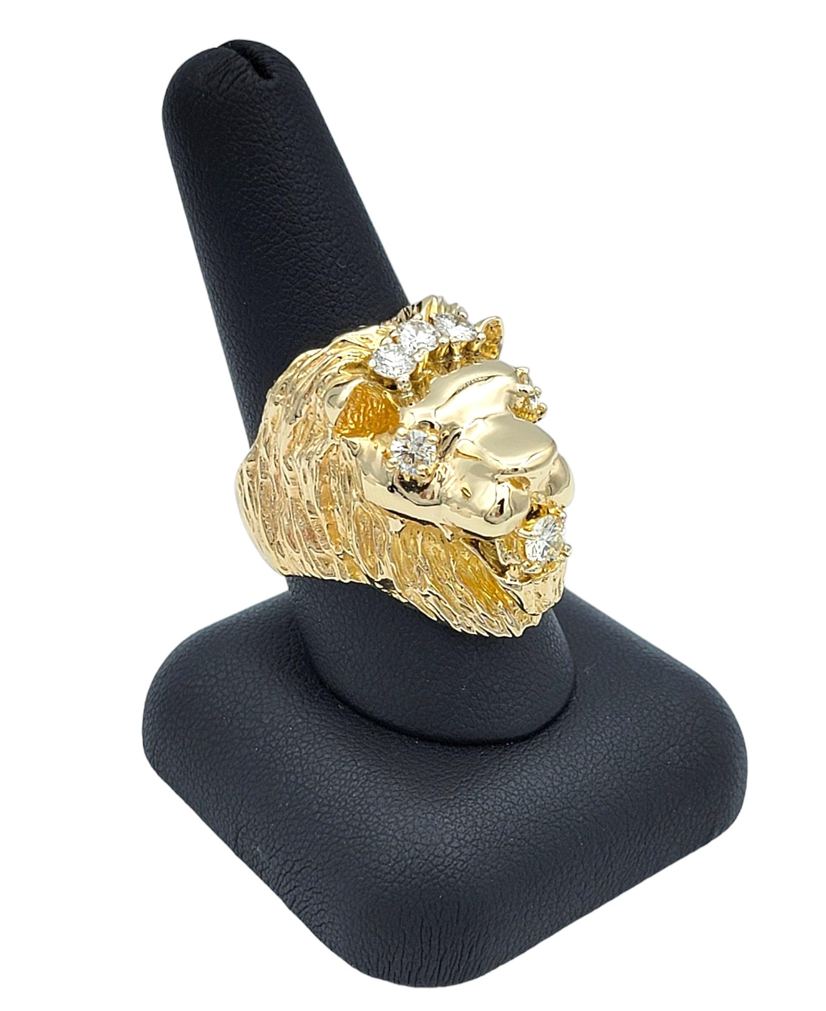 Carved 3D Lion Head with Diamond Accents Bold Ring Set in 14 Karat Yellow Gold For Sale 4