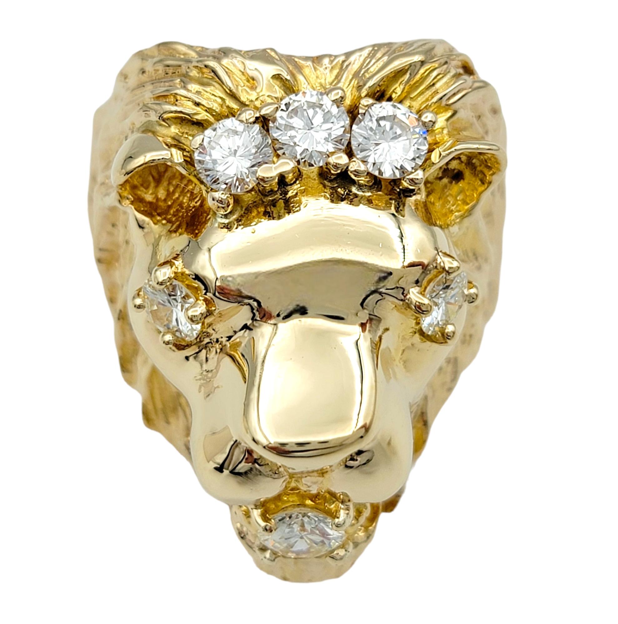 Ring Size: 9.75

This striking lion head ring commands attention with its fierce yet elegant design. Crafted from lustrous 14 karat yellow gold, the ring showcases exquisite detailing, creating a lifelike depiction of the lion's head. The lion is