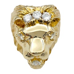 Carved 3D Lion Head with Diamond Accents Bold Ring Set in 14 Karat Yellow Gold