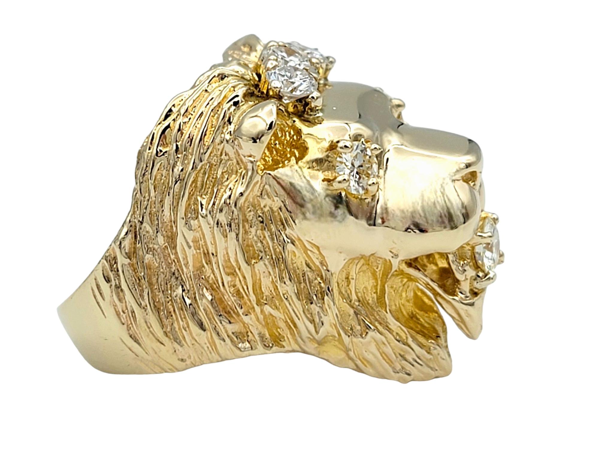 Contemporary Carved 3D Lion Head with Diamond Accents Bold Ring Set in 14 Karat Yellow Gold For Sale