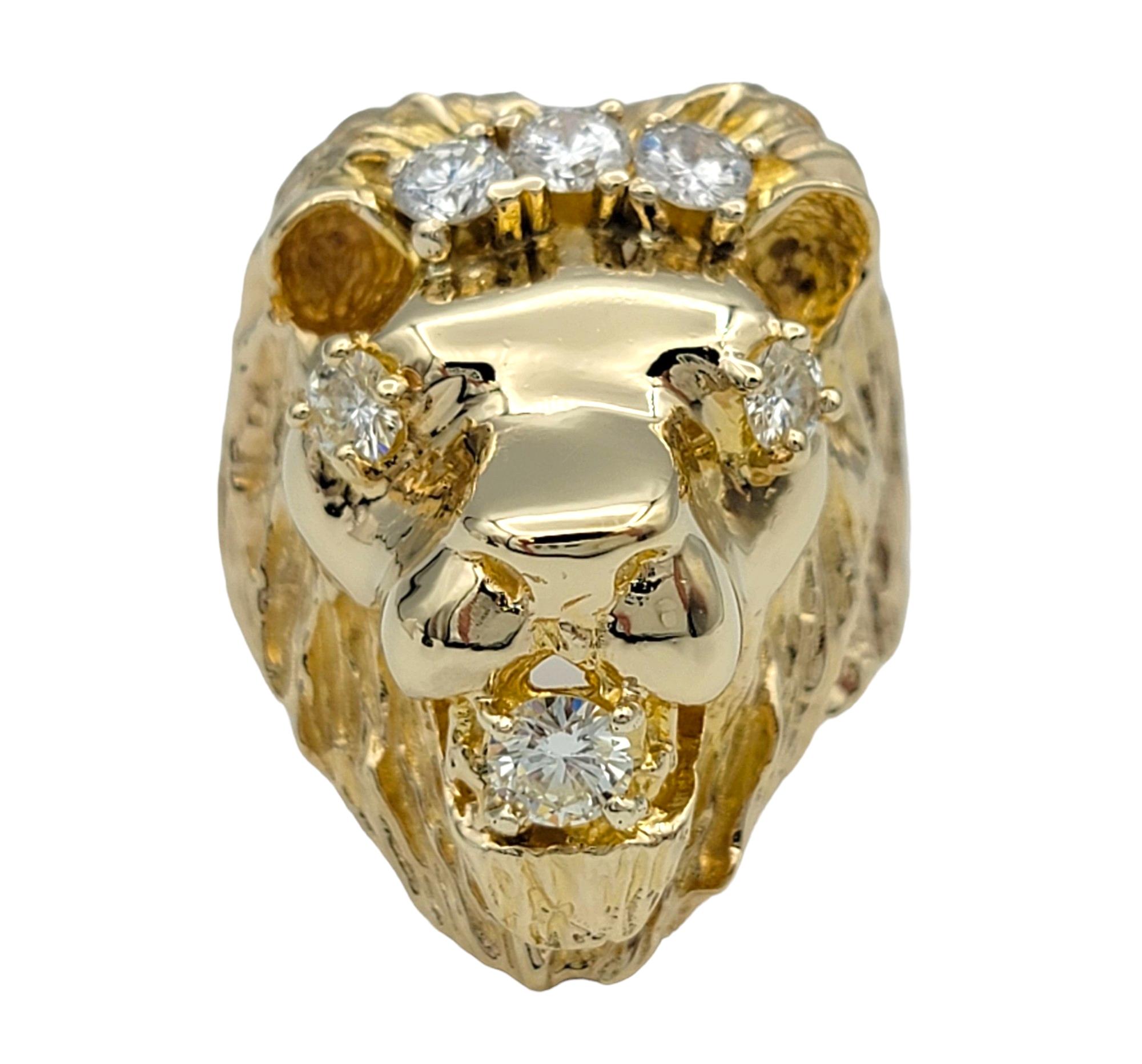 Round Cut Carved 3D Lion Head with Diamond Accents Bold Ring Set in 14 Karat Yellow Gold For Sale