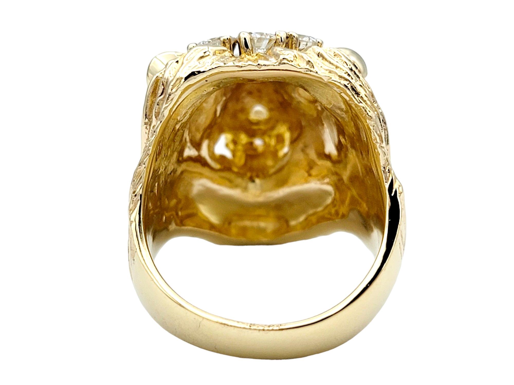 Carved 3D Lion Head with Diamond Accents Bold Ring Set in 14 Karat Yellow Gold In Excellent Condition For Sale In Scottsdale, AZ