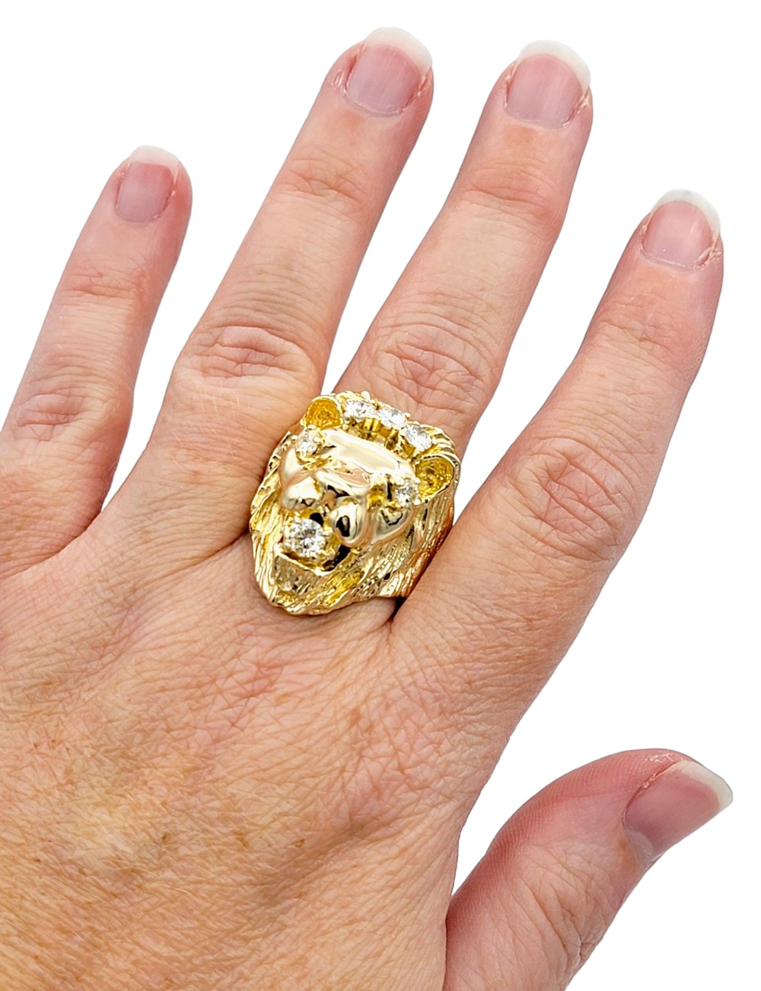 Carved 3D Lion Head with Diamond Accents Bold Ring Set in 14 Karat Yellow Gold For Sale 2