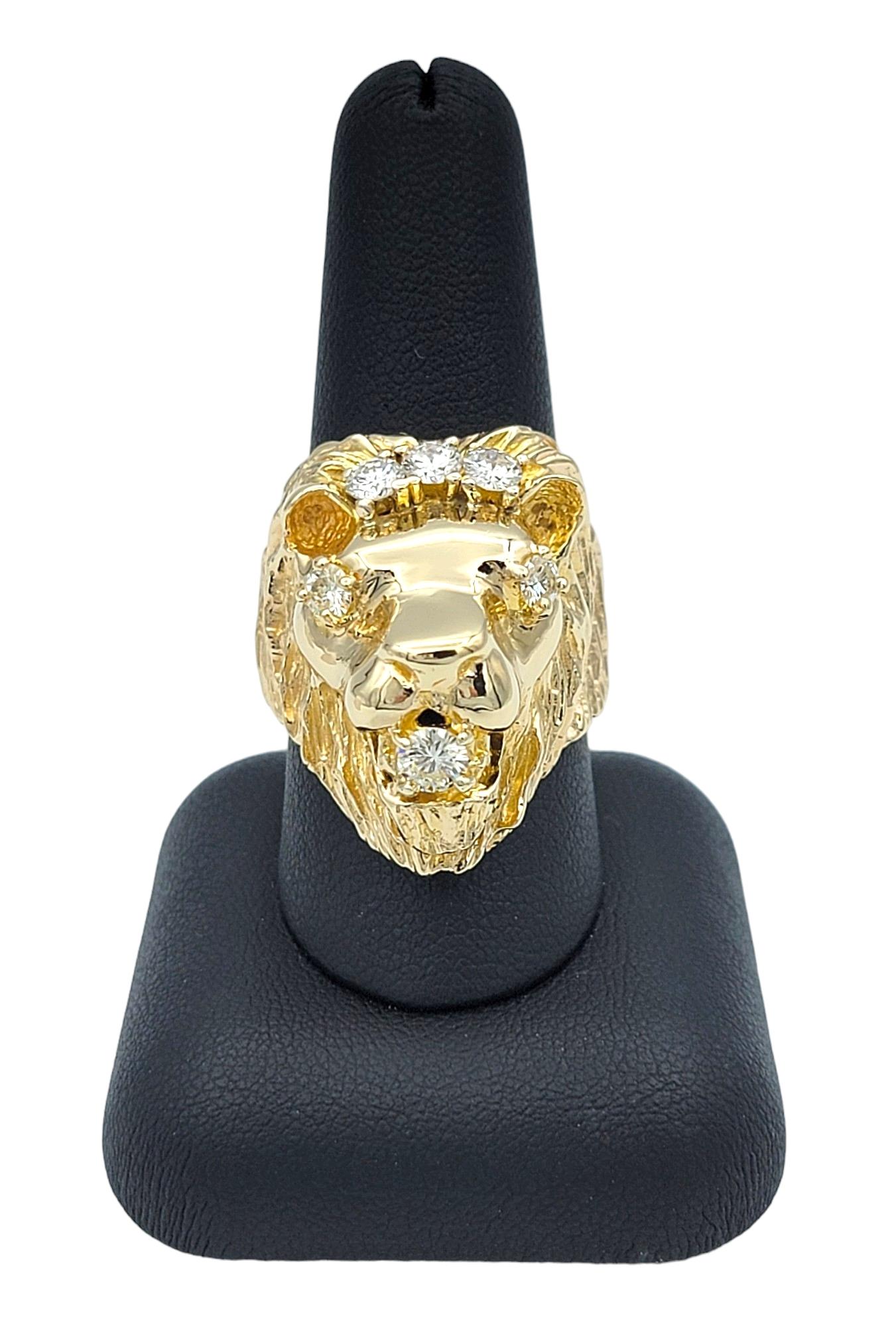 Carved 3D Lion Head with Diamond Accents Bold Ring Set in 14 Karat Yellow Gold For Sale 3