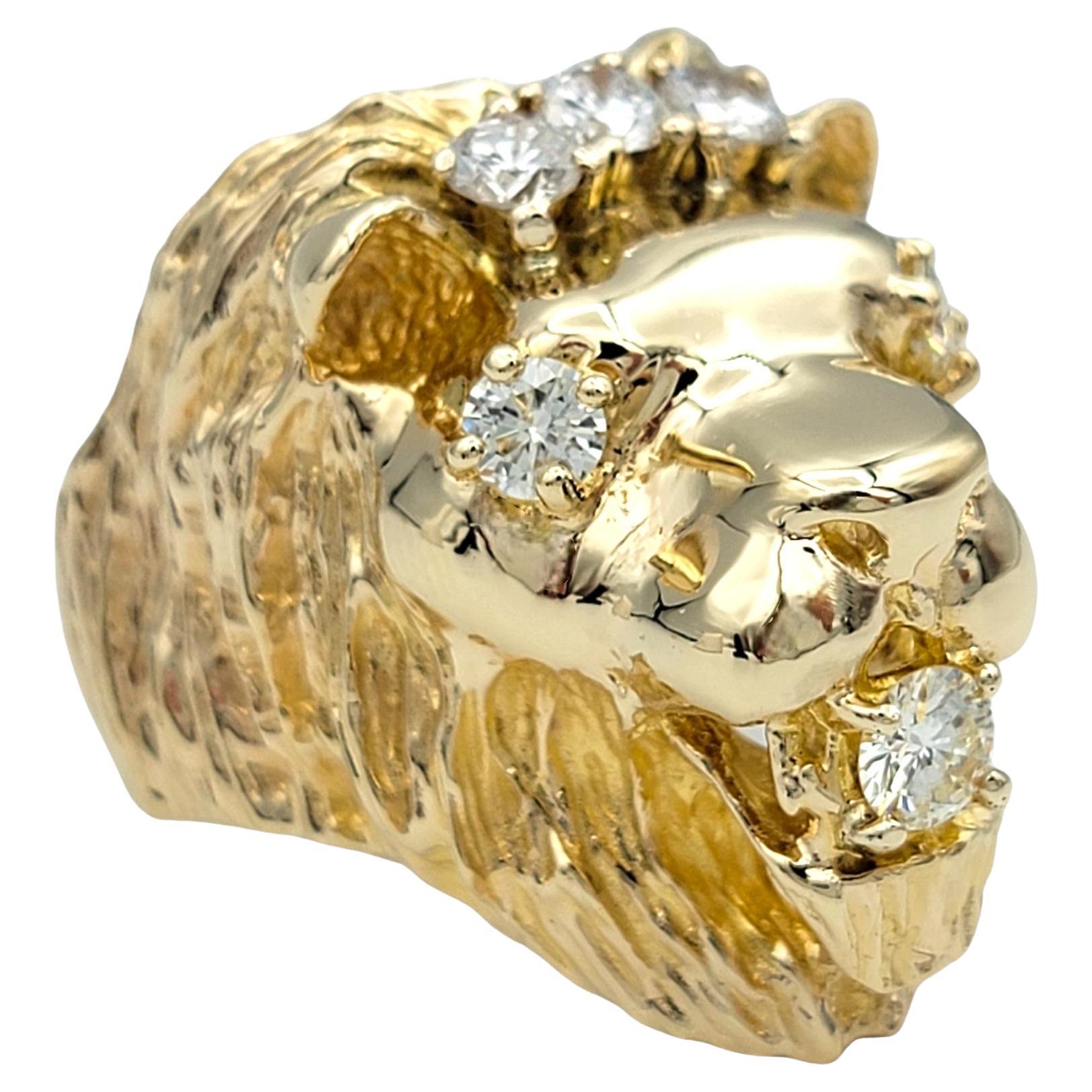 Carved 3D Lion Head with Diamond Accents Bold Ring Set in 14 Karat Yellow Gold For Sale