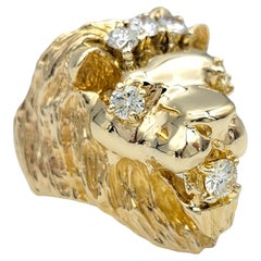 Carved 3D Lion Head with Diamond Accents Bold Ring Set in 14 Karat Yellow Gold