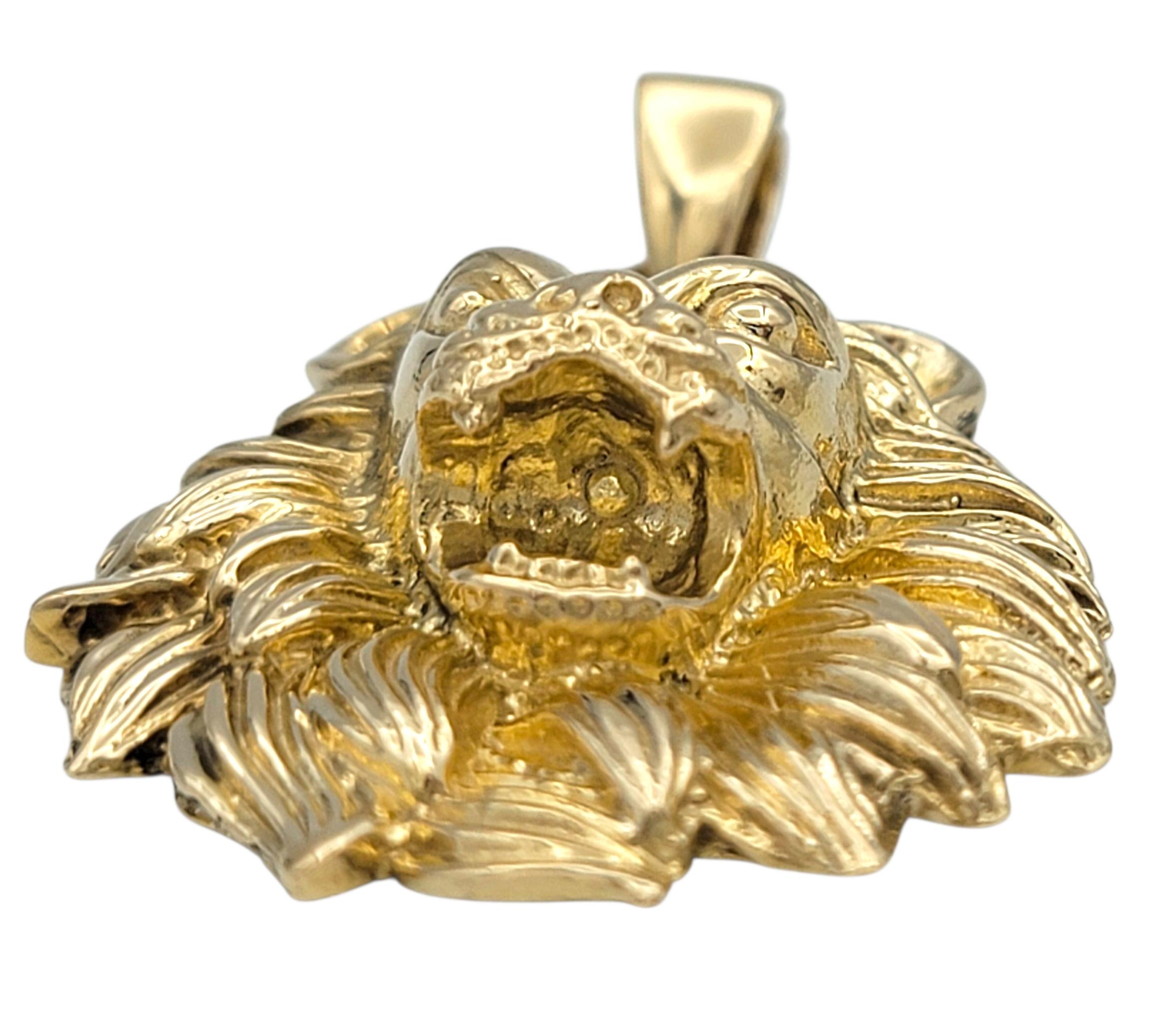Contemporary Carved Lion Head with Textured Mane Pendant in Polished 14 Karat Yellow Gold For Sale