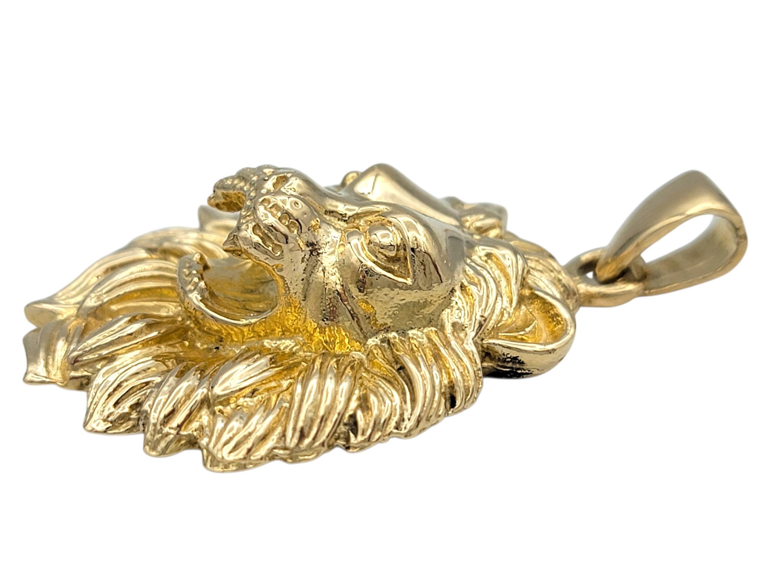 Carved Lion Head with Textured Mane Pendant in Polished 14 Karat Yellow Gold In Good Condition For Sale In Scottsdale, AZ