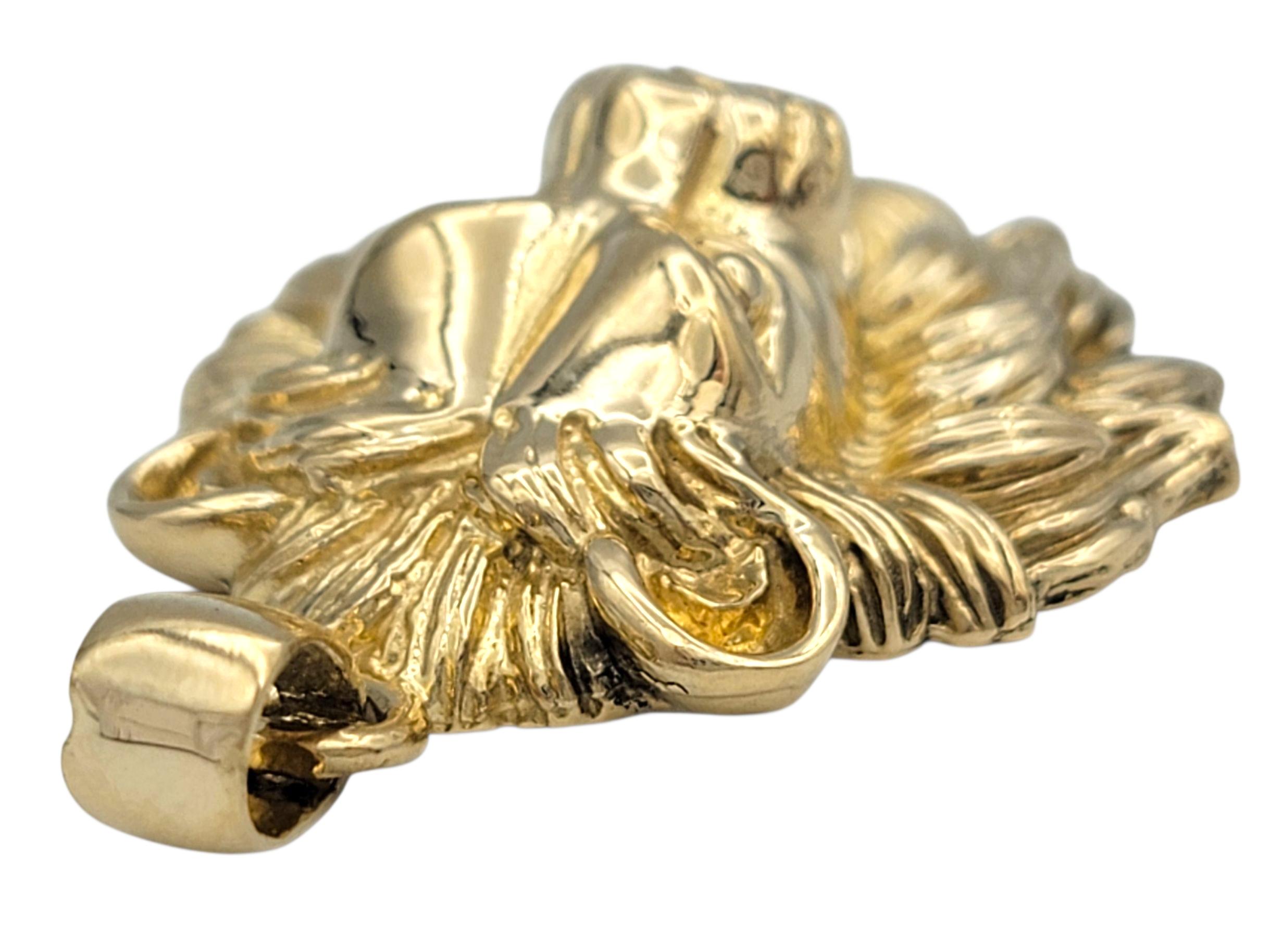 Women's or Men's Carved Lion Head with Textured Mane Pendant in Polished 14 Karat Yellow Gold For Sale