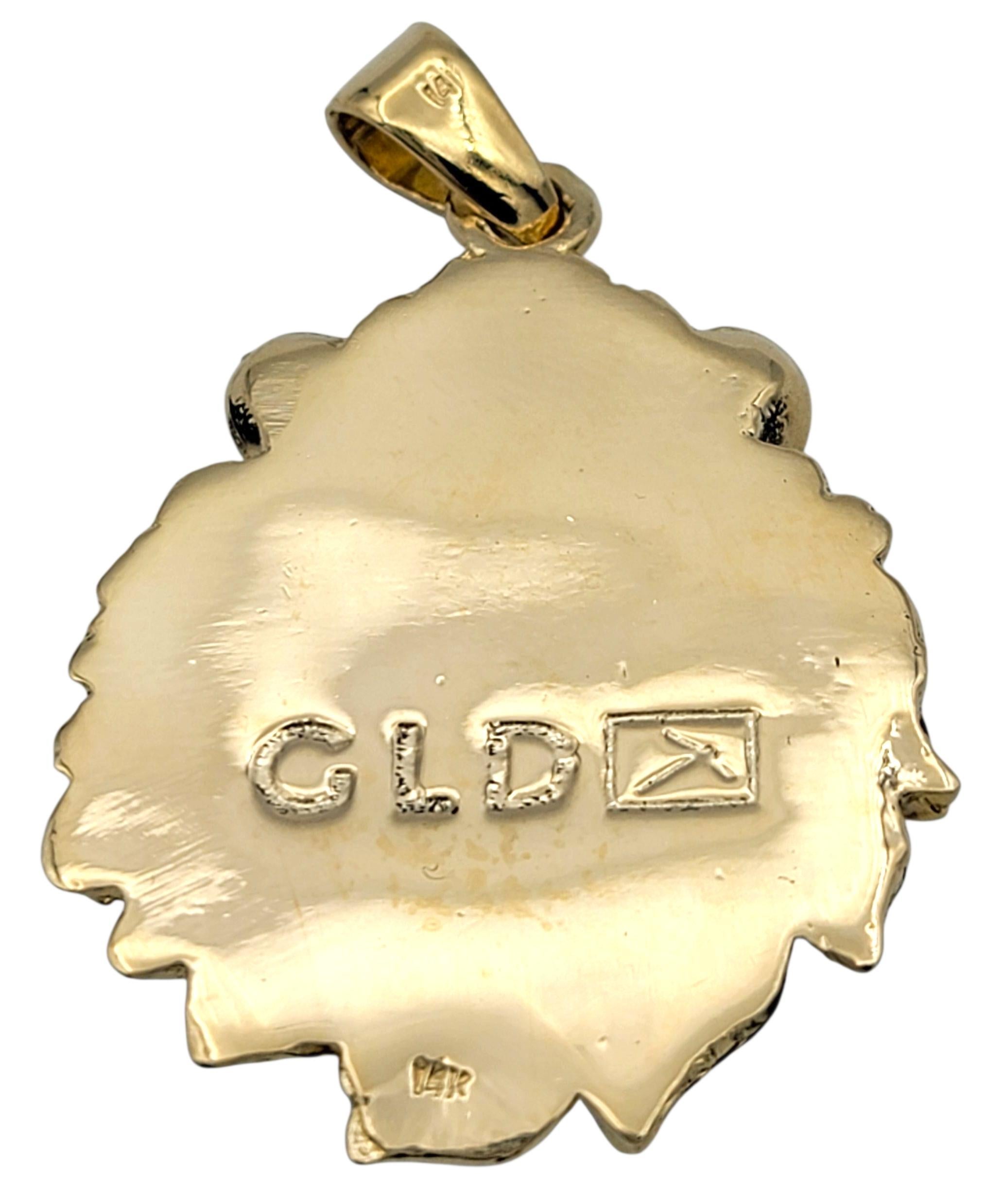 Carved Lion Head with Textured Mane Pendant in Polished 14 Karat Yellow Gold For Sale 1