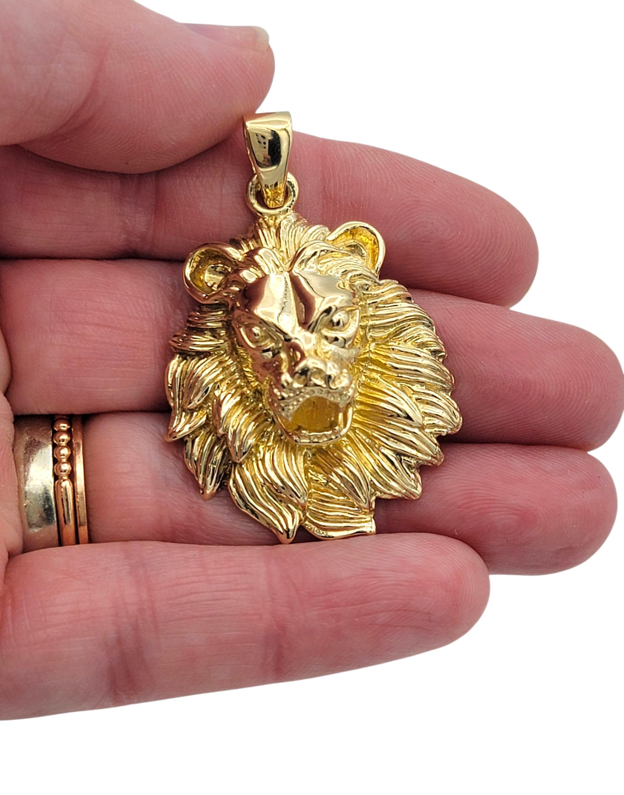 Carved Lion Head with Textured Mane Pendant in Polished 14 Karat Yellow Gold For Sale 2