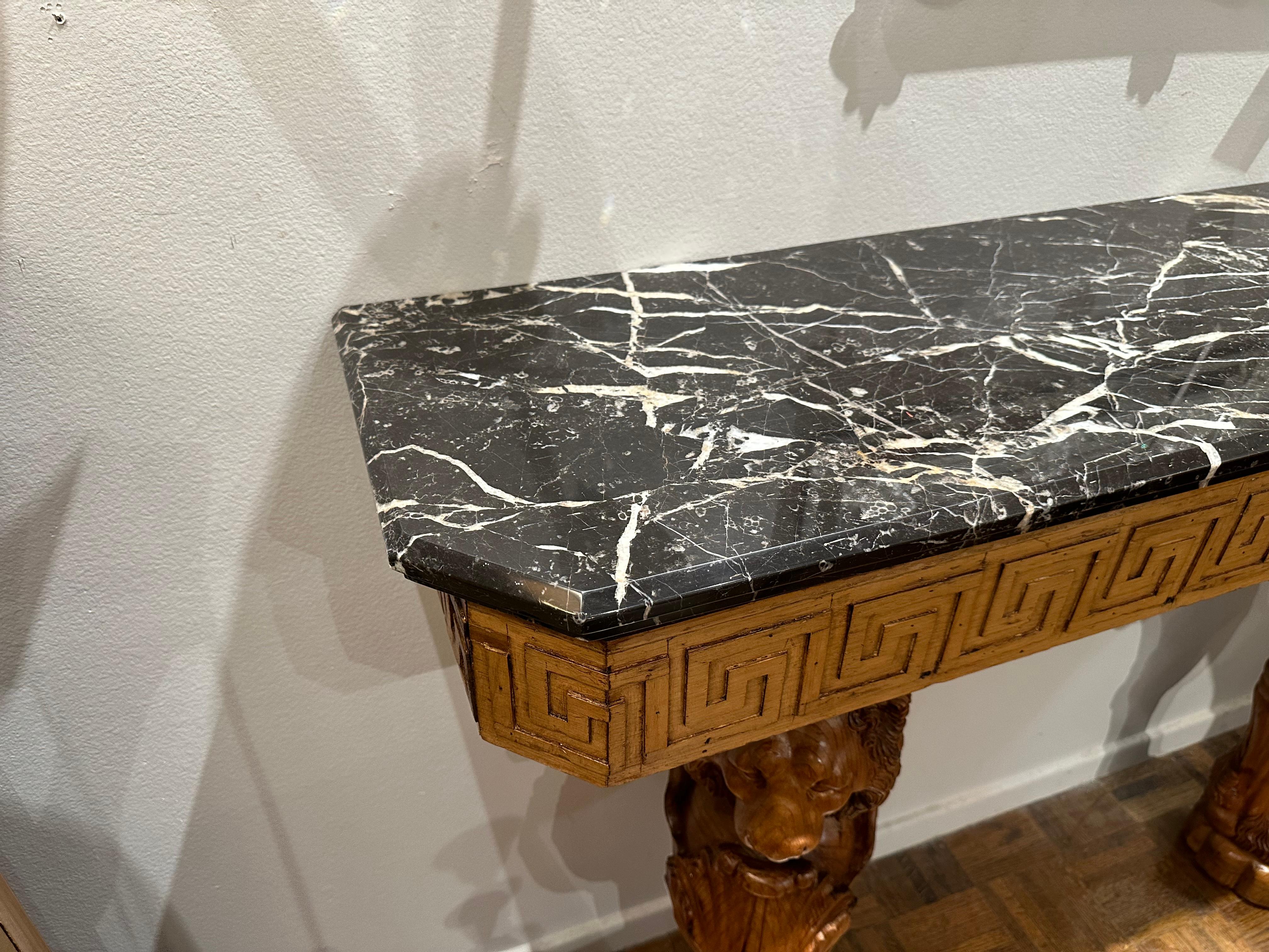 Carved Lion Marble Top Console Table For Sale 4