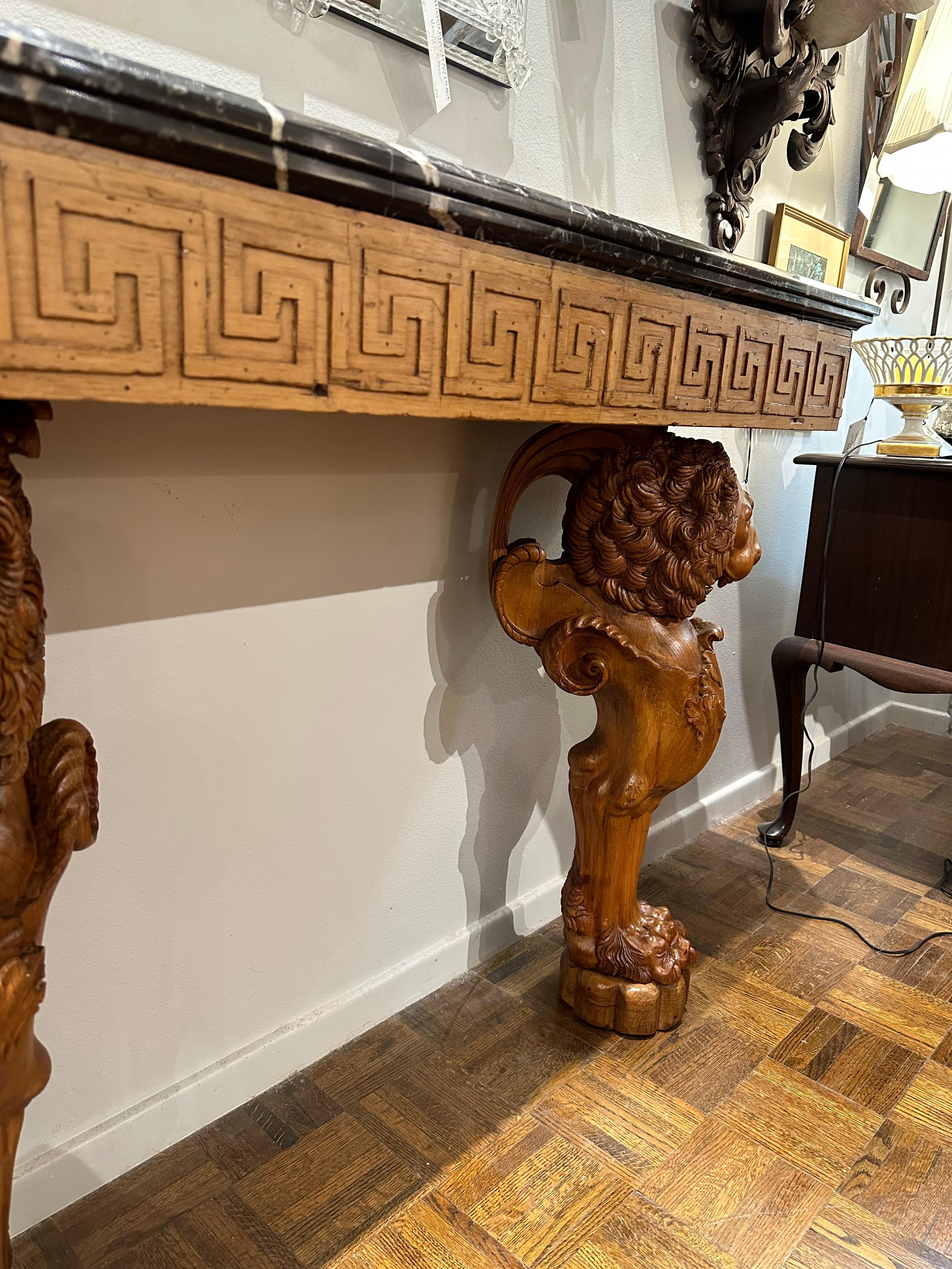 Carved Lion Marble Top Console Table For Sale 5