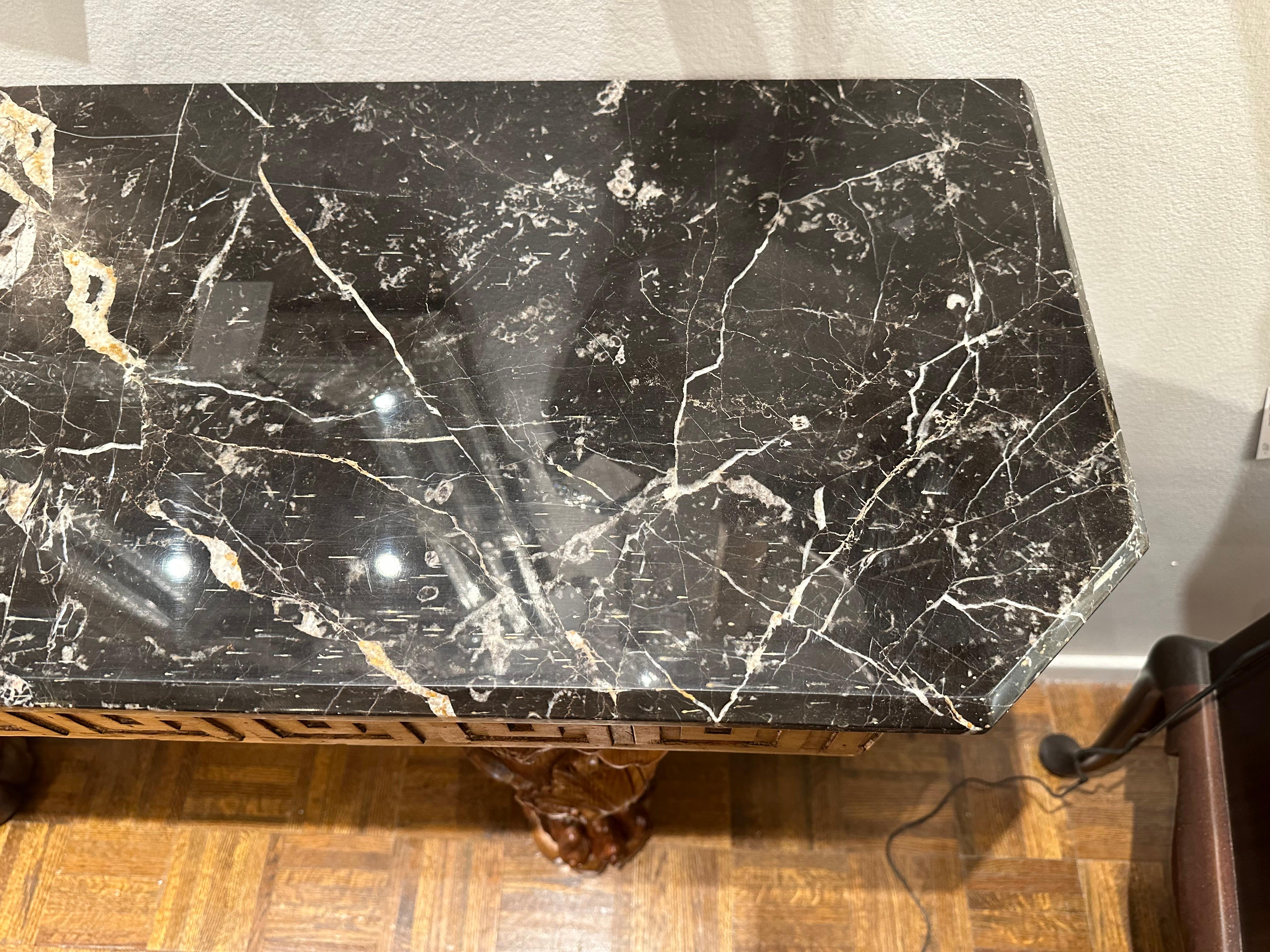 English Carved Lion Marble Top Console Table For Sale