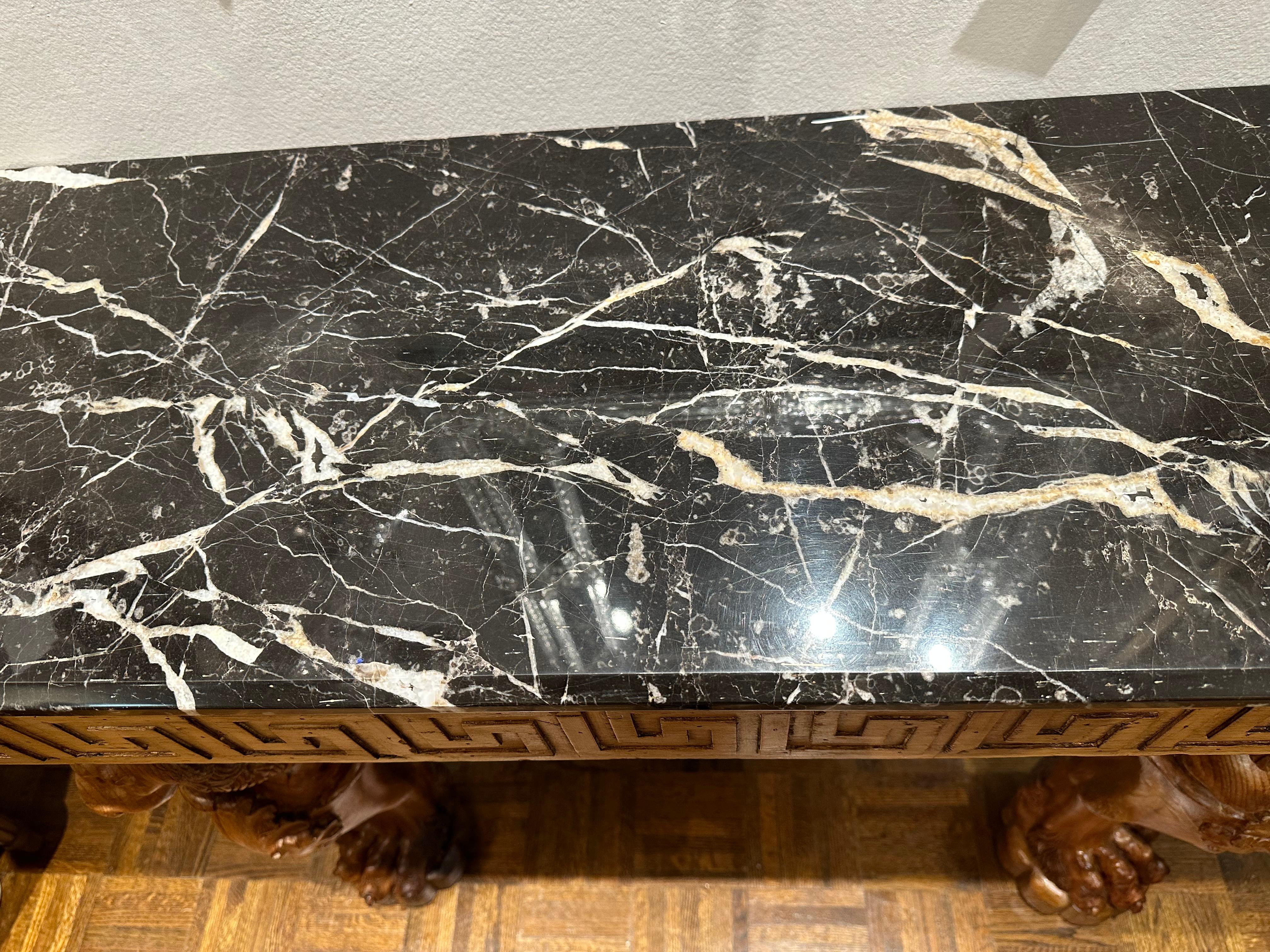 Carved Lion Marble Top Console Table In Good Condition For Sale In Summerland, CA