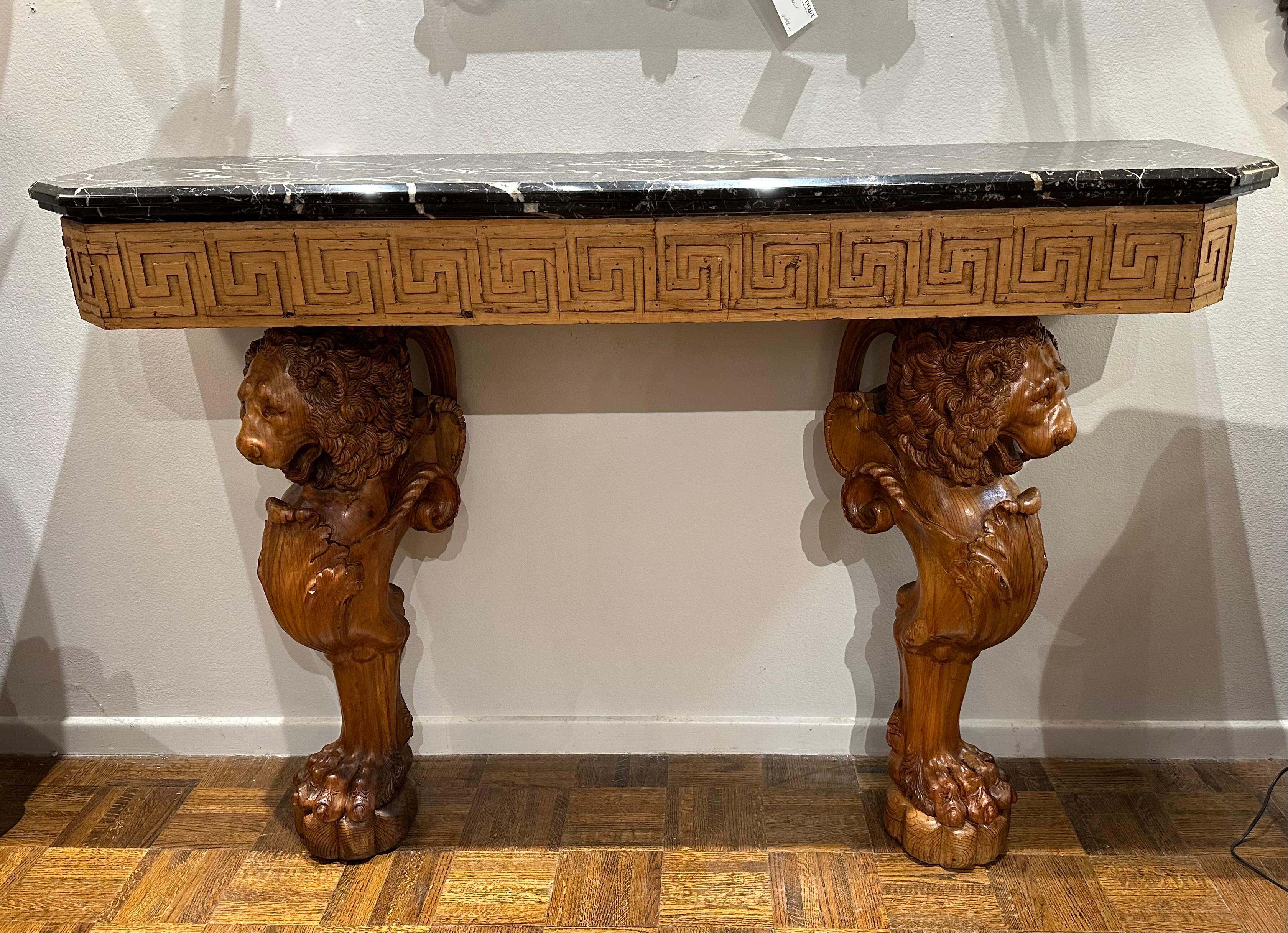 Mid-20th Century Carved Lion Marble Top Console Table For Sale