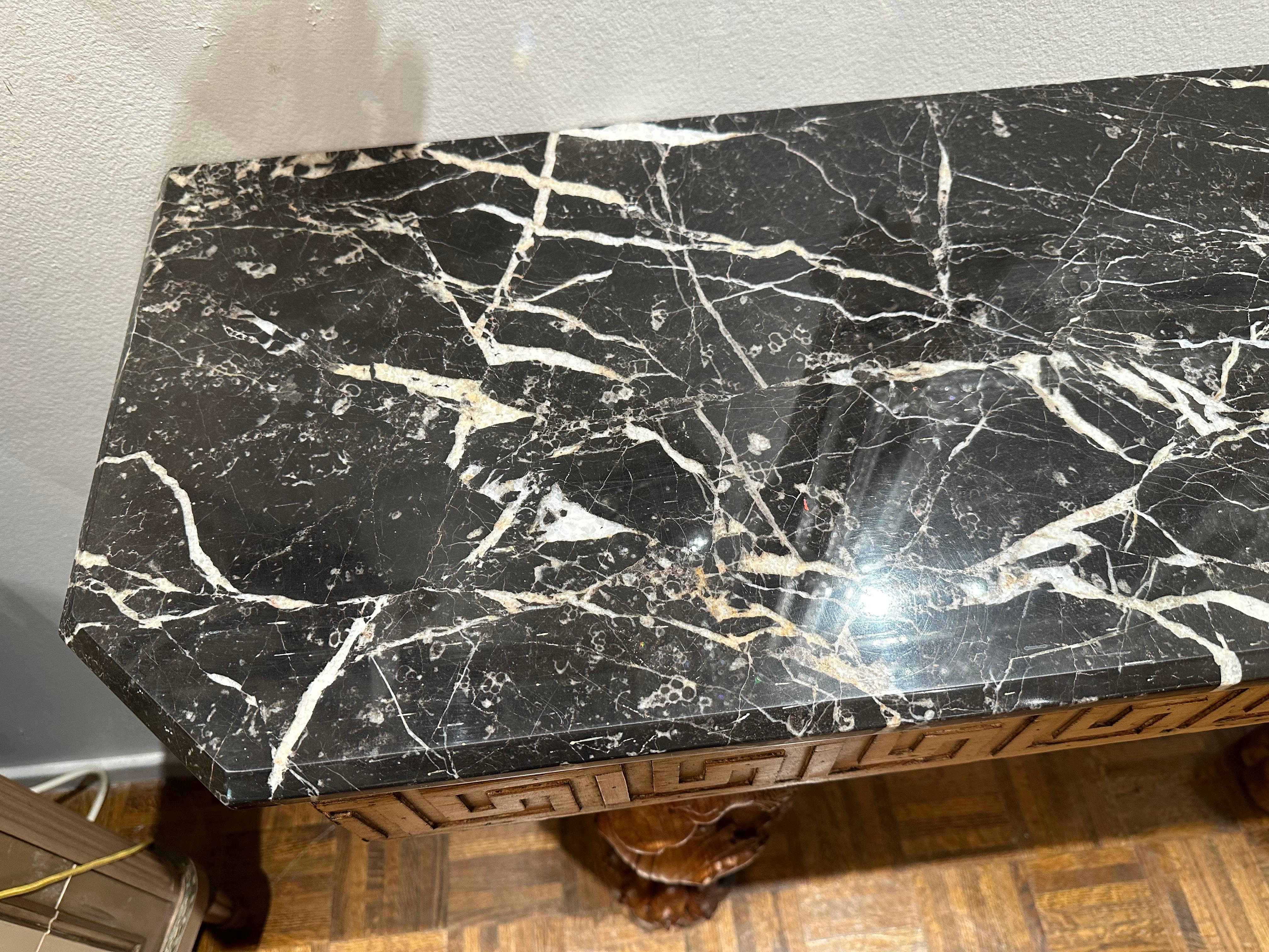 Belgian Black Marble Carved Lion Marble Top Console Table For Sale