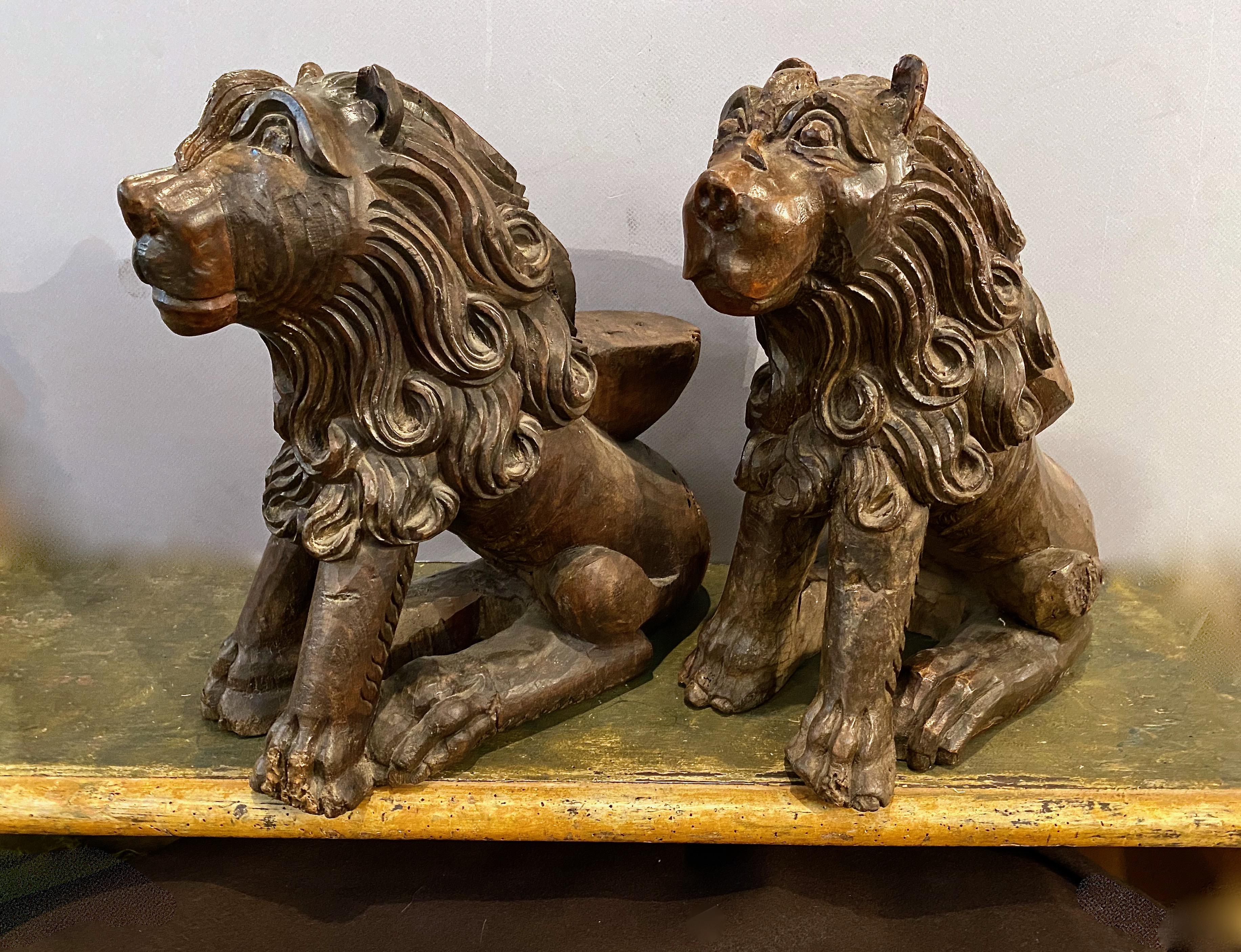 This is an unusual pair of 17th Century (or earlier) Flemish (?) carved lions that once formed part of a large cabinet or, perhaps, the feet of an elaborate table. The lions are well carved in a rustic manner. They exhibit extensive worming to their