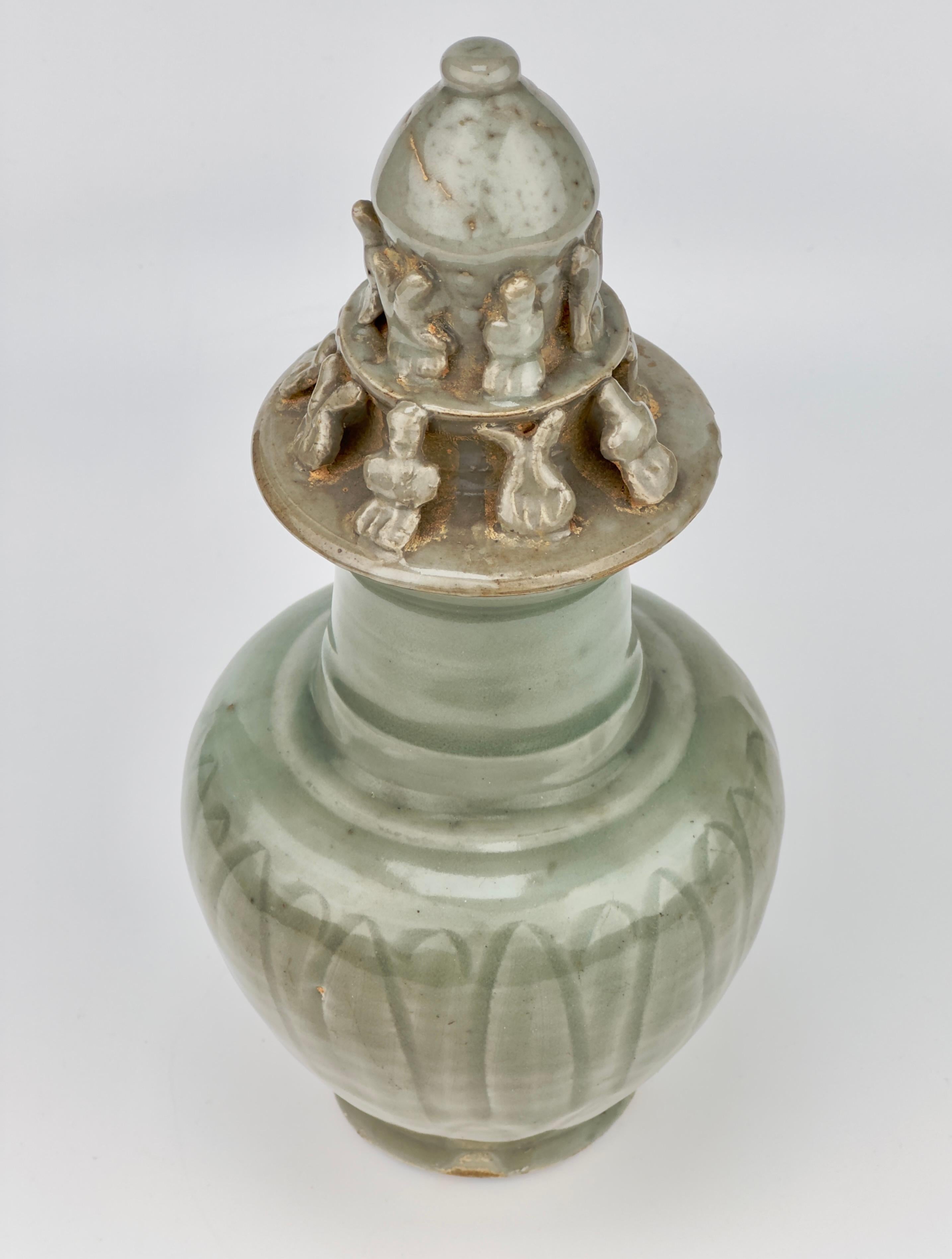 18th Century and Earlier Carved 'Longquan' Celadon-glazed Funerary vase and cover, Song dynasty For Sale