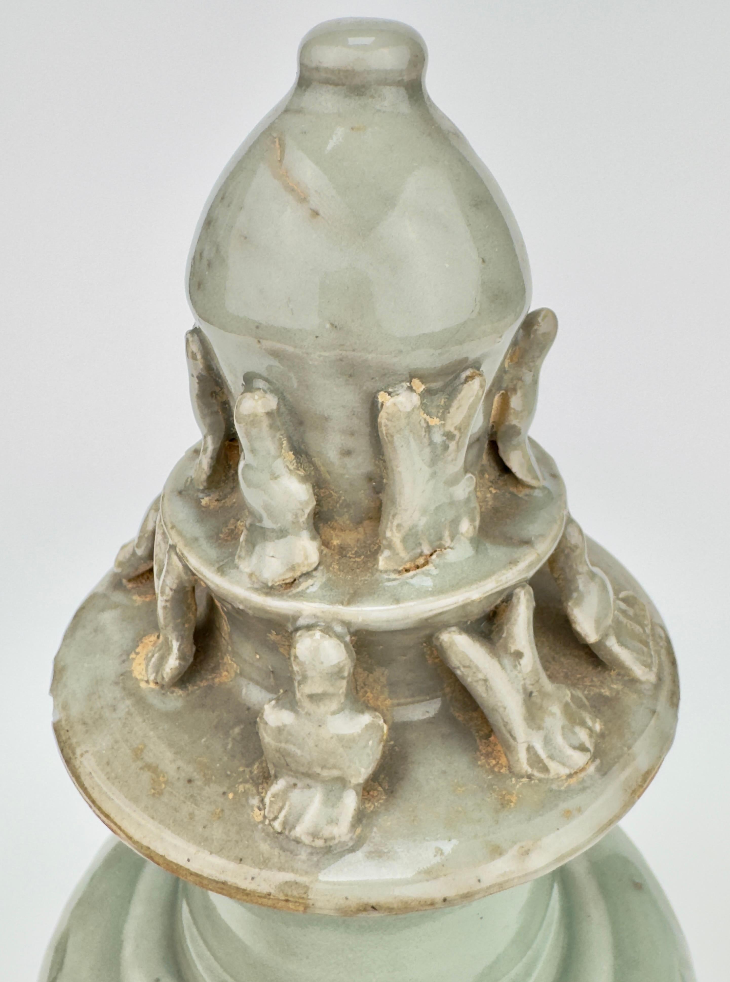 18th Century and Earlier Carved 'Longquan' Celadon-glazed Funerary vase and cover, Song dynasty For Sale