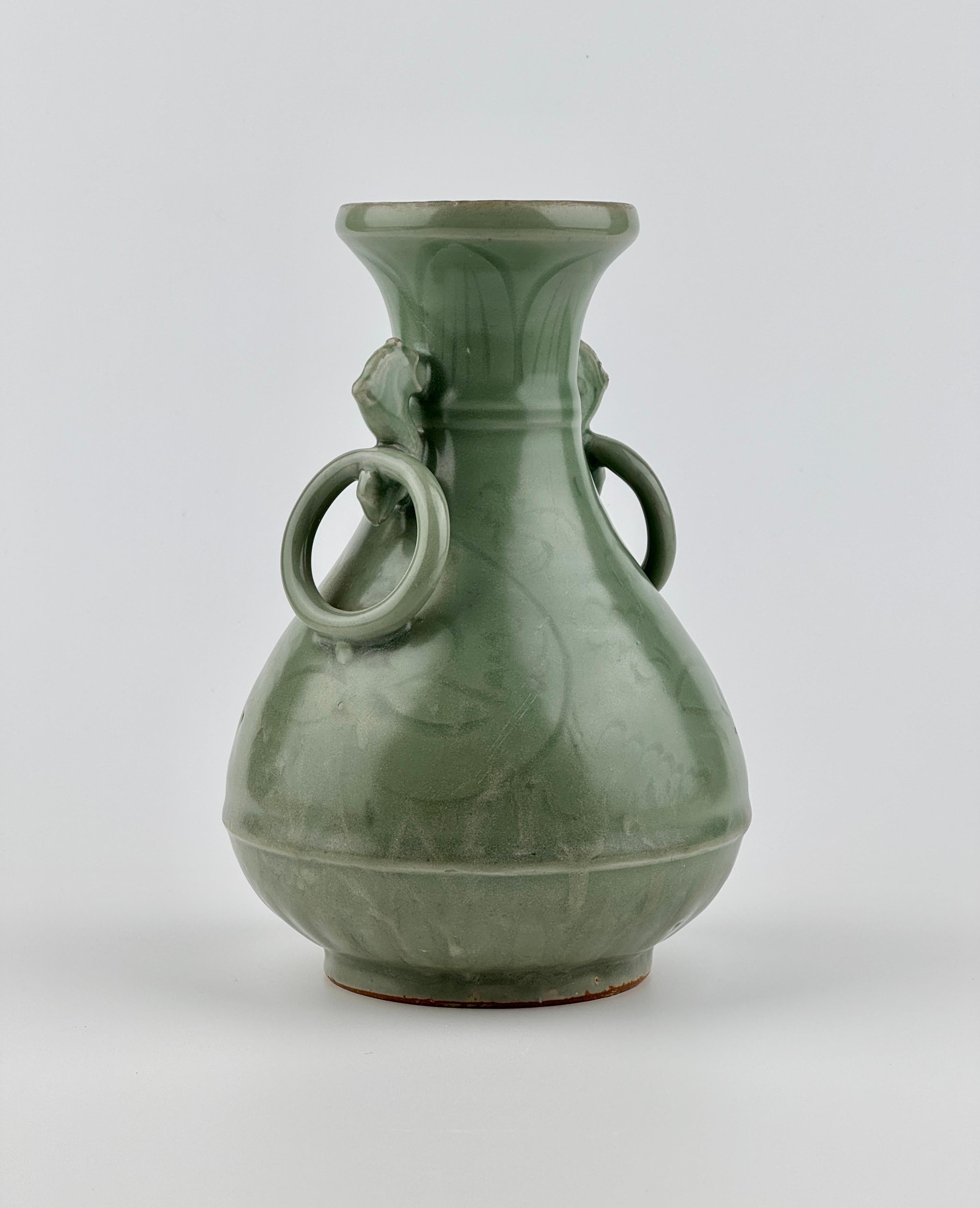 Hong Kong Carved Longquan Celadon Vase, Yuan-Ming Dynasty For Sale